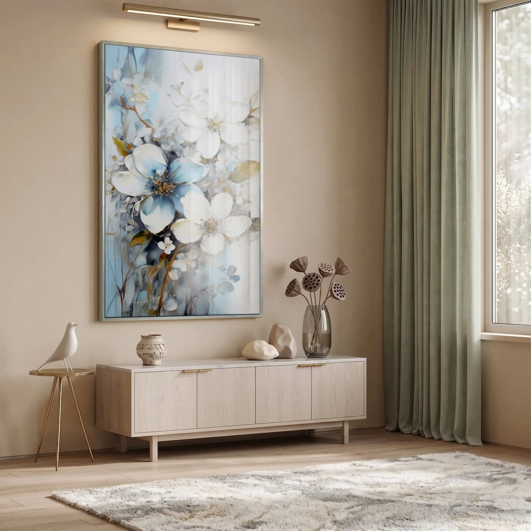 Çiçek Buketi Pastel Mavi Beyaz Tekli Gümüş Metal Çerçeveli Cam Tablo Poster Dekoratif