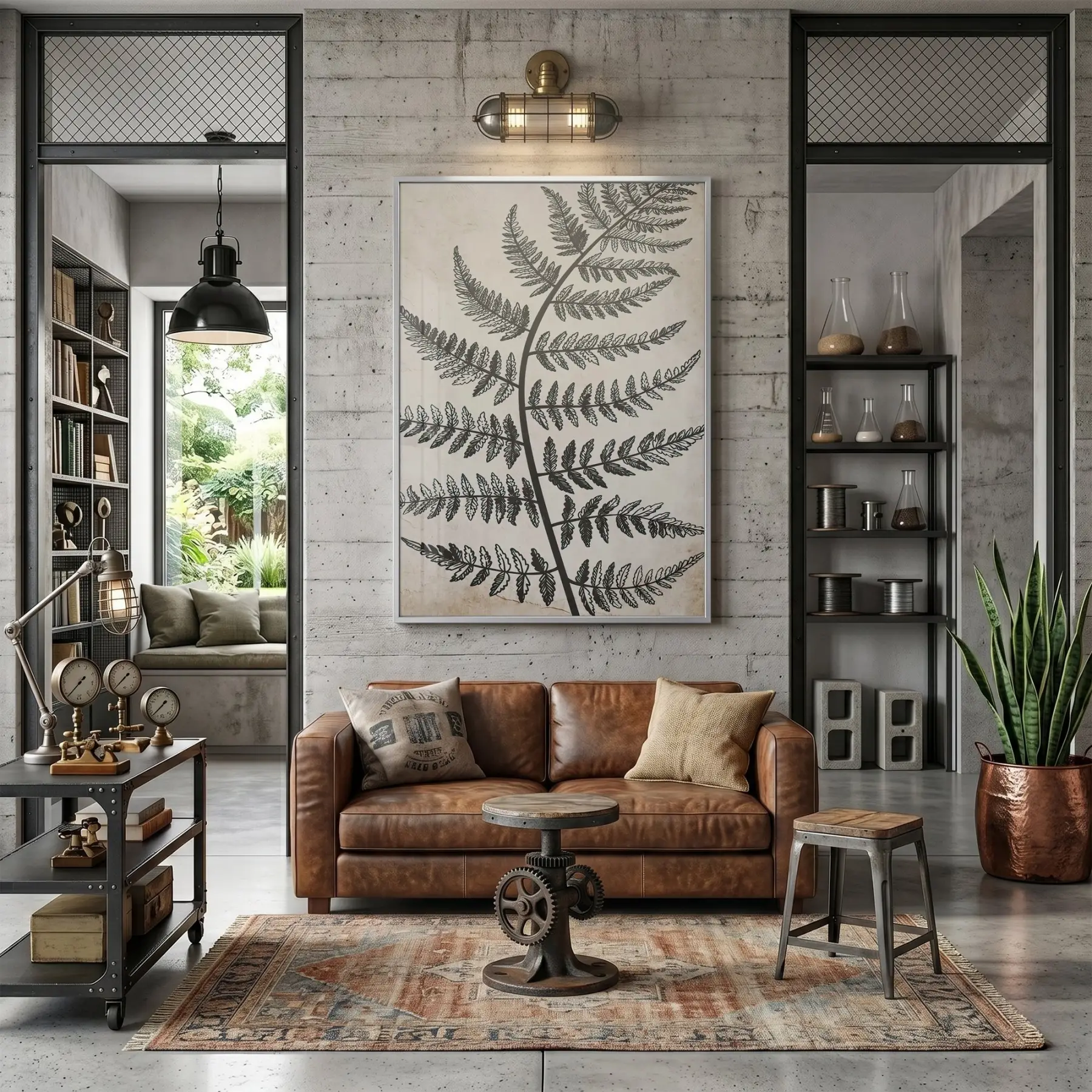 Eğrelti Otu Natürel Sepya Ton Tekli Gümüş Metal Çerçeveli Cam Tablo Duvar Salon