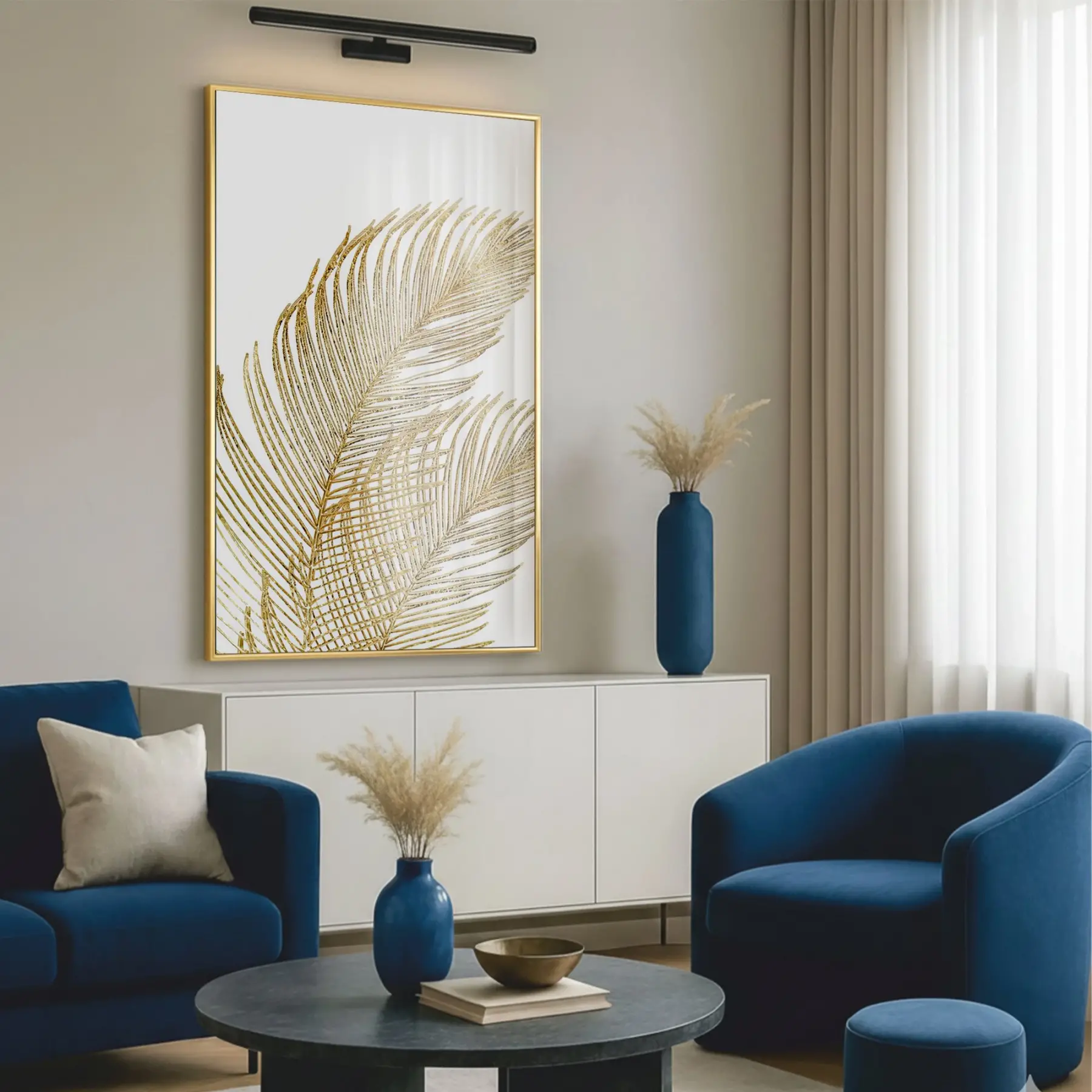 Tropikal Yaprak Sıcak Altın Tekli Gold Metal Çerçeveli Cam Tablo Yatak Odası Koridor
