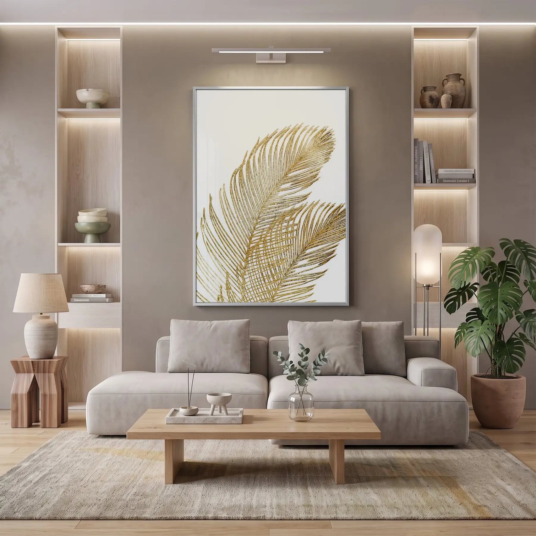 Tropikal Yaprak Sıcak Altın Tekli Gümüş Metal Çerçeveli Cam Tablo Salon Oturma Odası