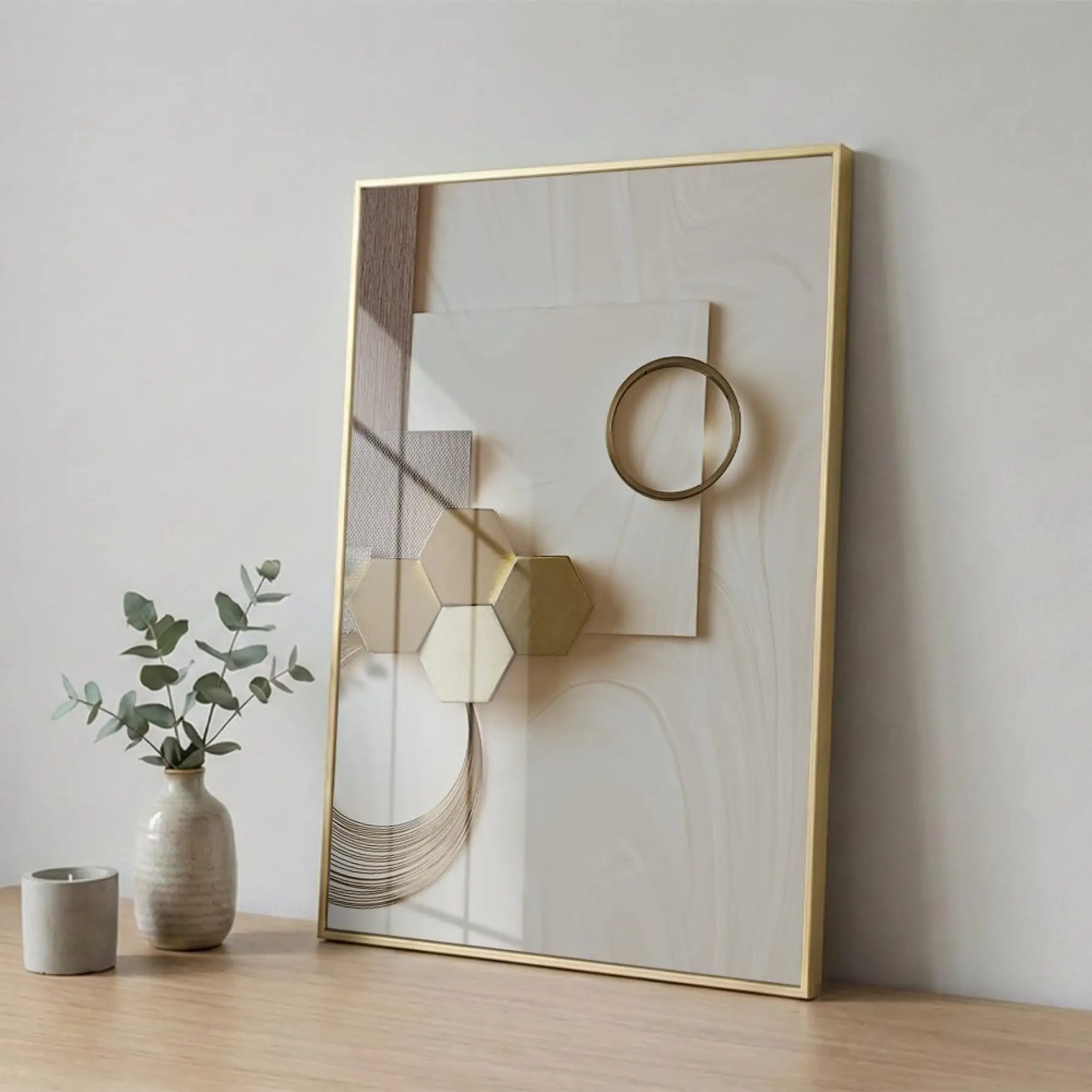 Soyut Geometrik Sıcak Bej Tonları Tekli Gold Metal Çerçeveli Cam Tablo Yatak Odası