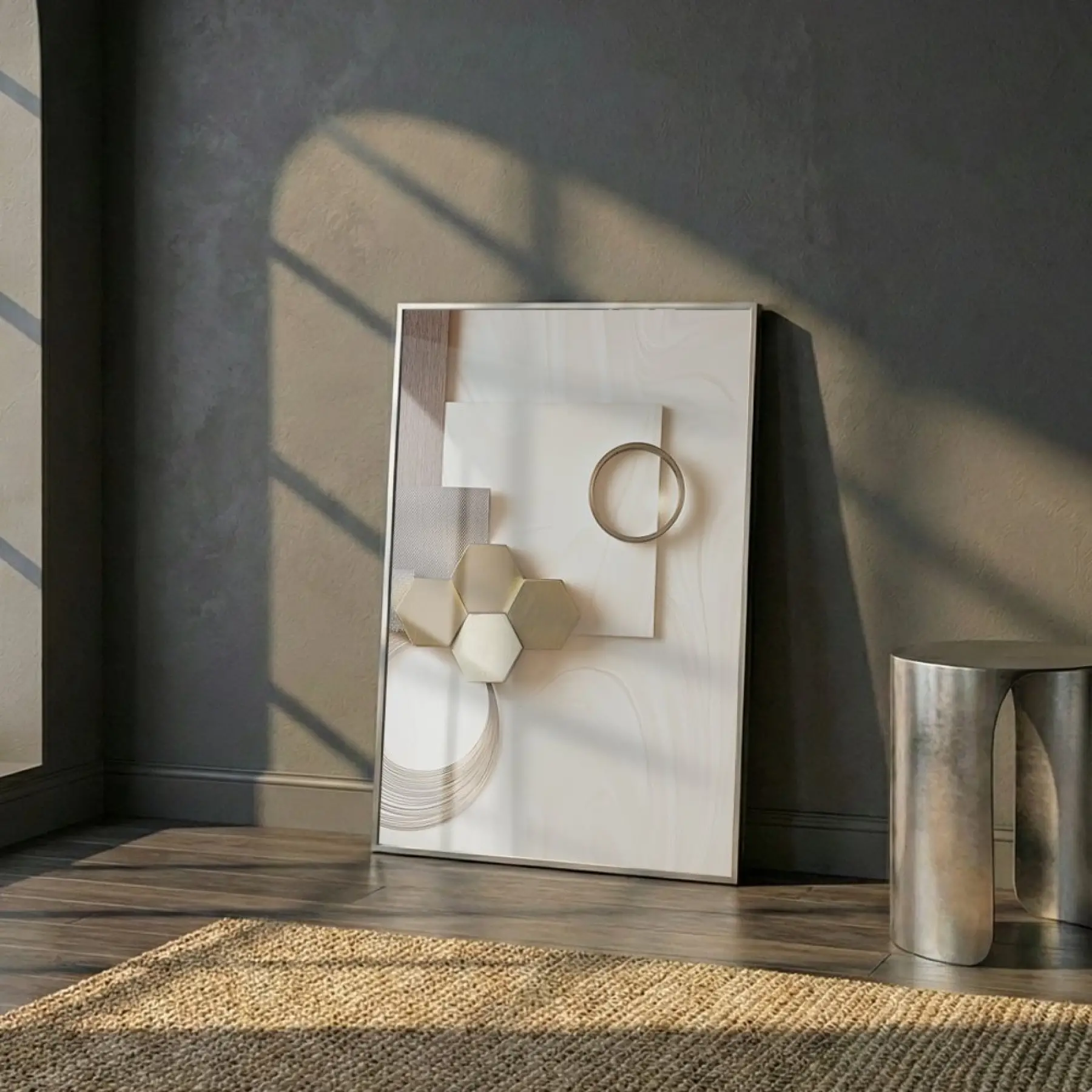 Soyut Geometrik Sıcak Bej Tonları Tekli Gümüş Metal Çerçeveli Cam Tablo Duvar Salon