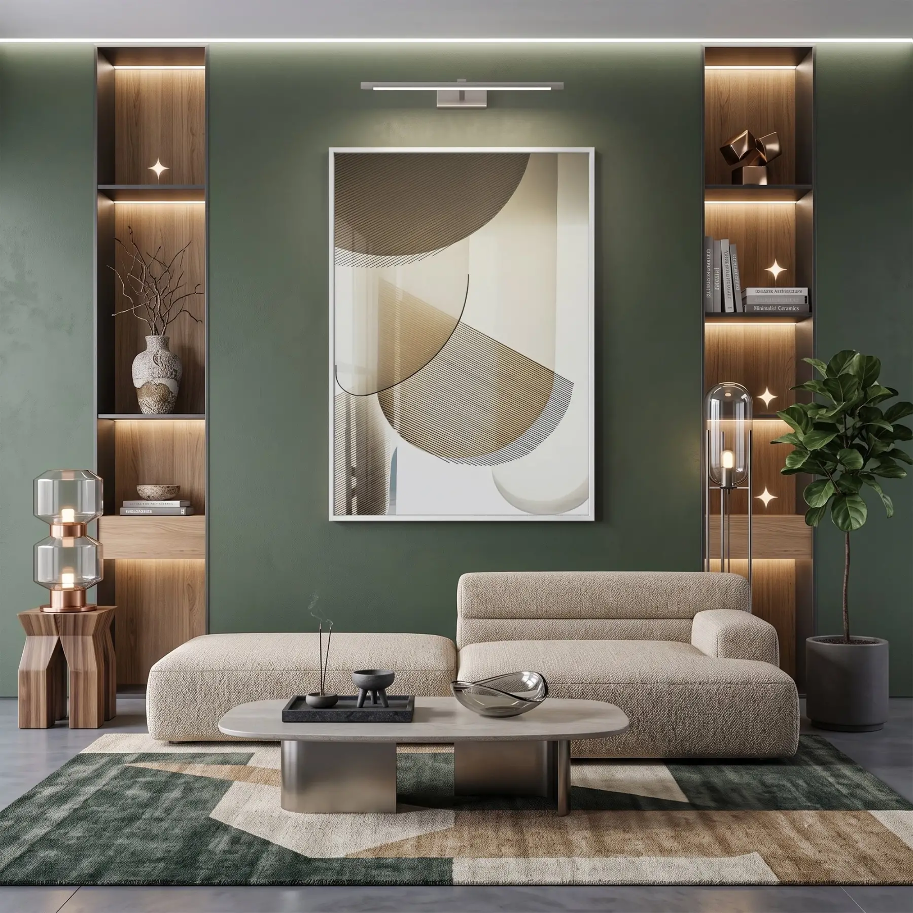 Geometrik Soyut Sıcak Bej Tonları Tekli Beyaz Metal Çerçeveli Cam Tablo Duvar Salon
