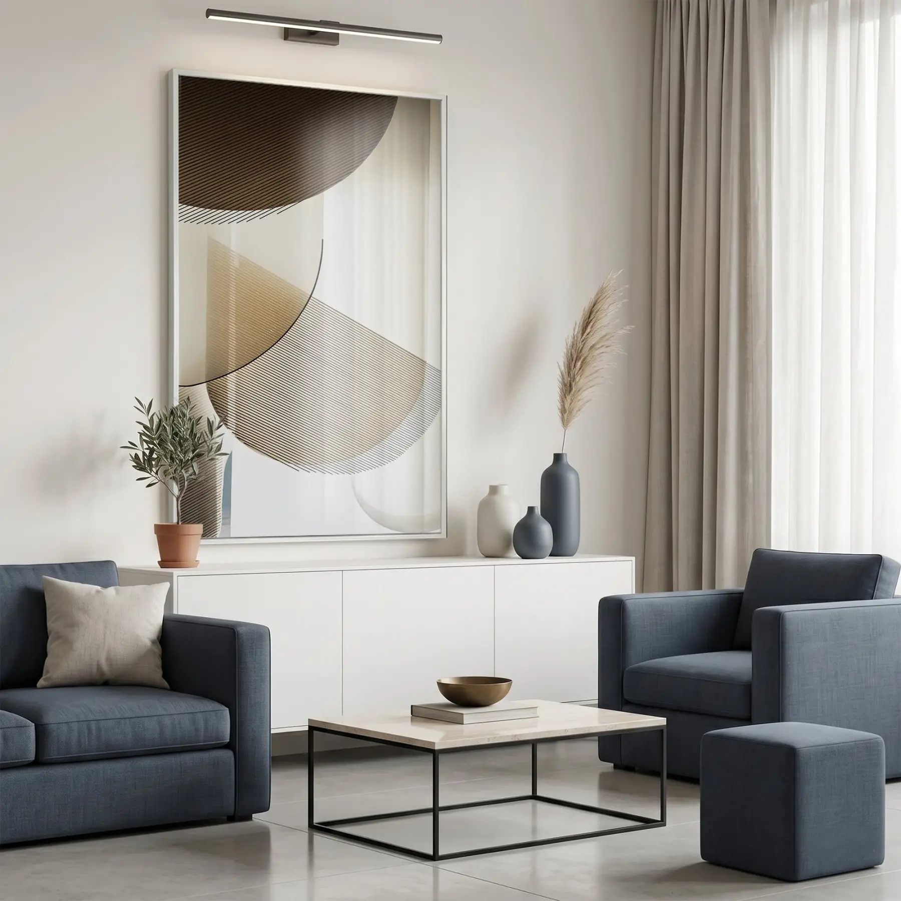 Geometrik Soyut Sıcak Bej Tonları Tekli Beyaz Metal Çerçeveli Cam Tablo Duvar Salon