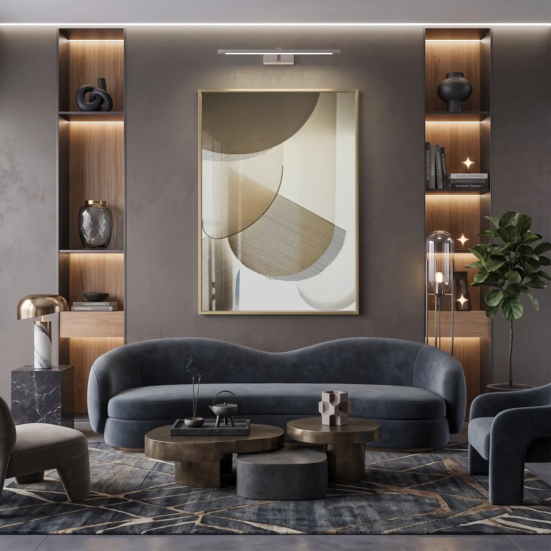 Geometrik Soyut Sıcak Bej Tonları Tekli Gold Metal Çerçeveli Cam Tablo Ev Dekorasyonu