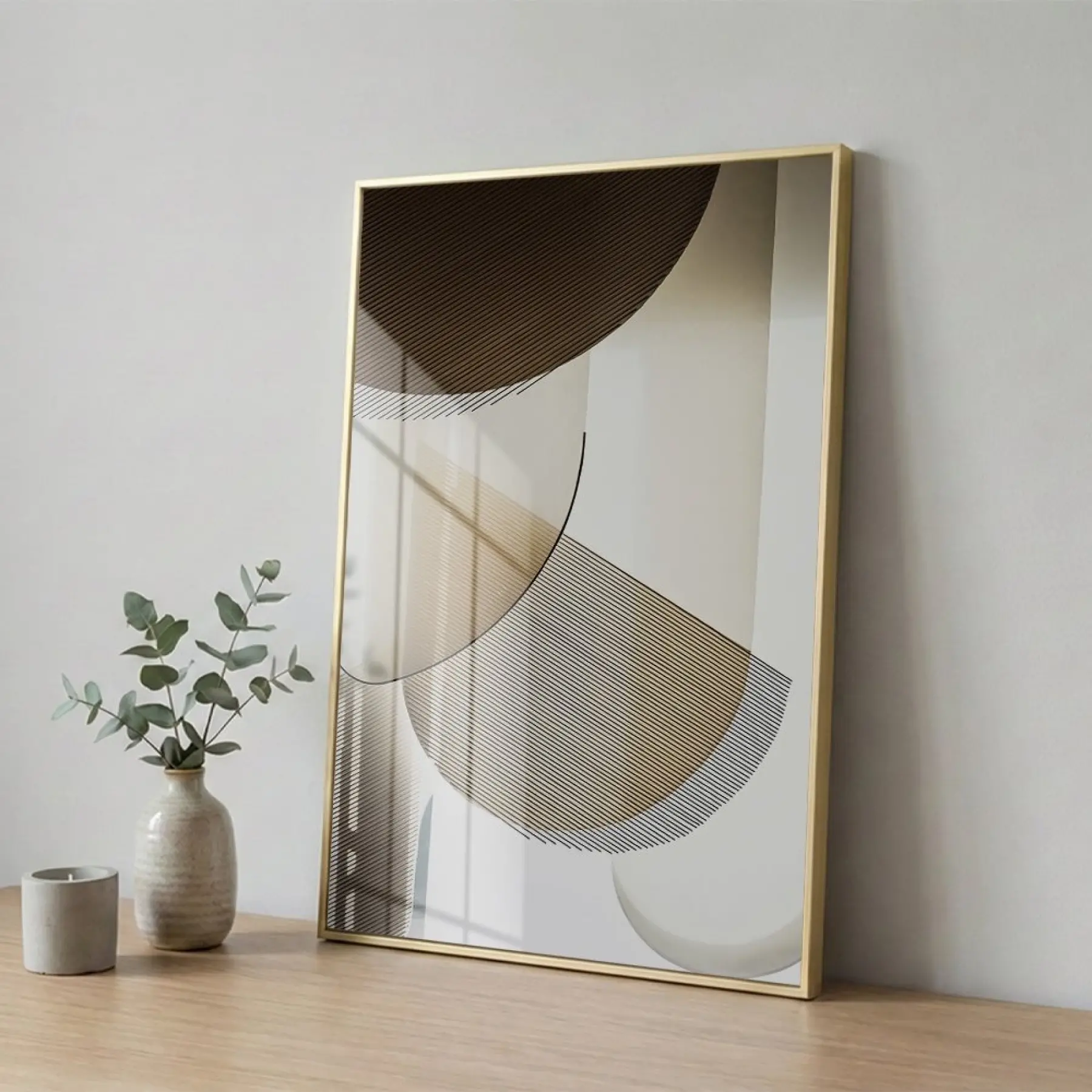 Geometrik Soyut Sıcak Bej Tonları Tekli Gold Metal Çerçeveli Cam Tablo Ev Dekorasyonu