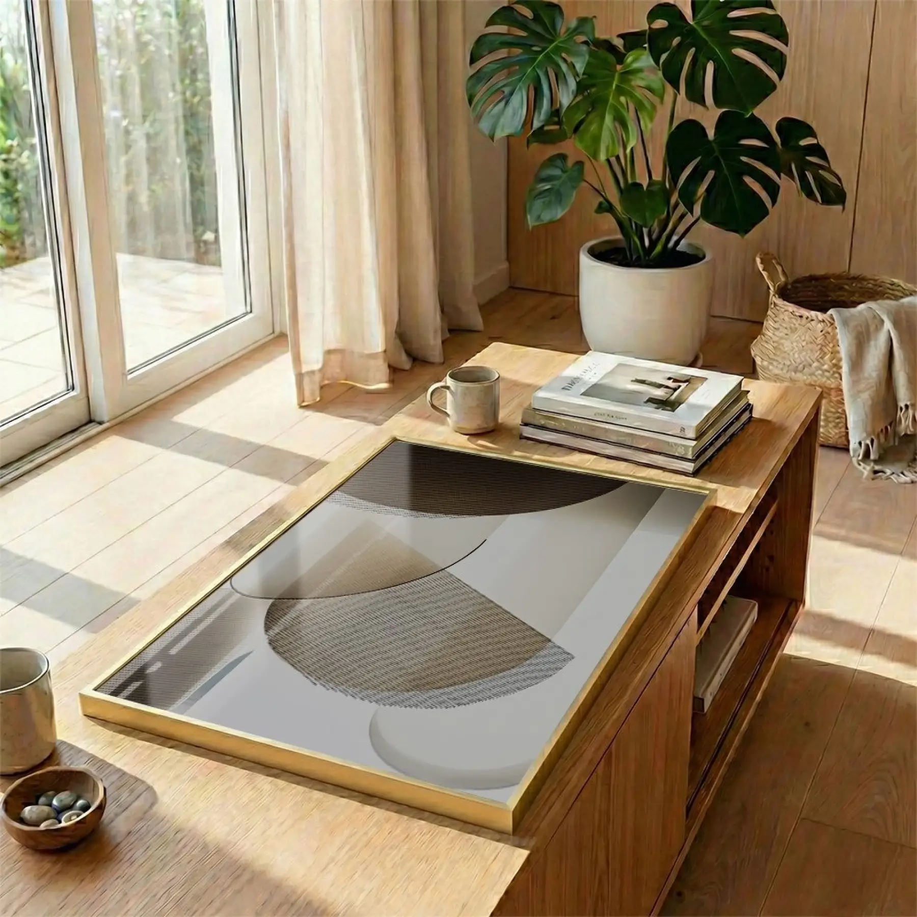 Geometrik Soyut Sıcak Bej Tonları Tekli Gold Metal Çerçeveli Cam Tablo Ev Dekorasyonu