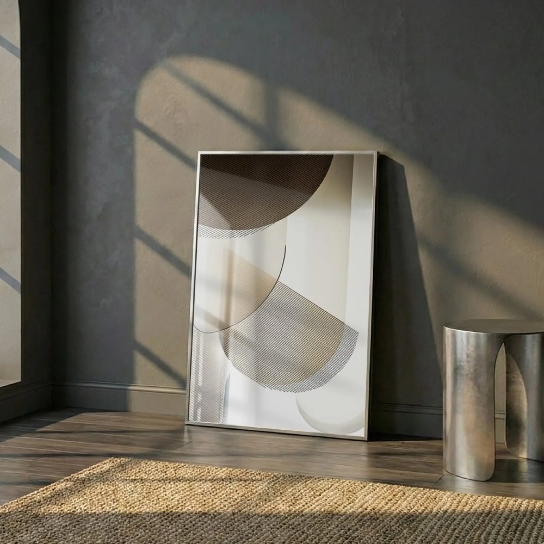 Geometrik Soyut Sıcak Bej Tonları Tekli Gümüş Metal Çerçeveli Cam Tablo Yatak Odası