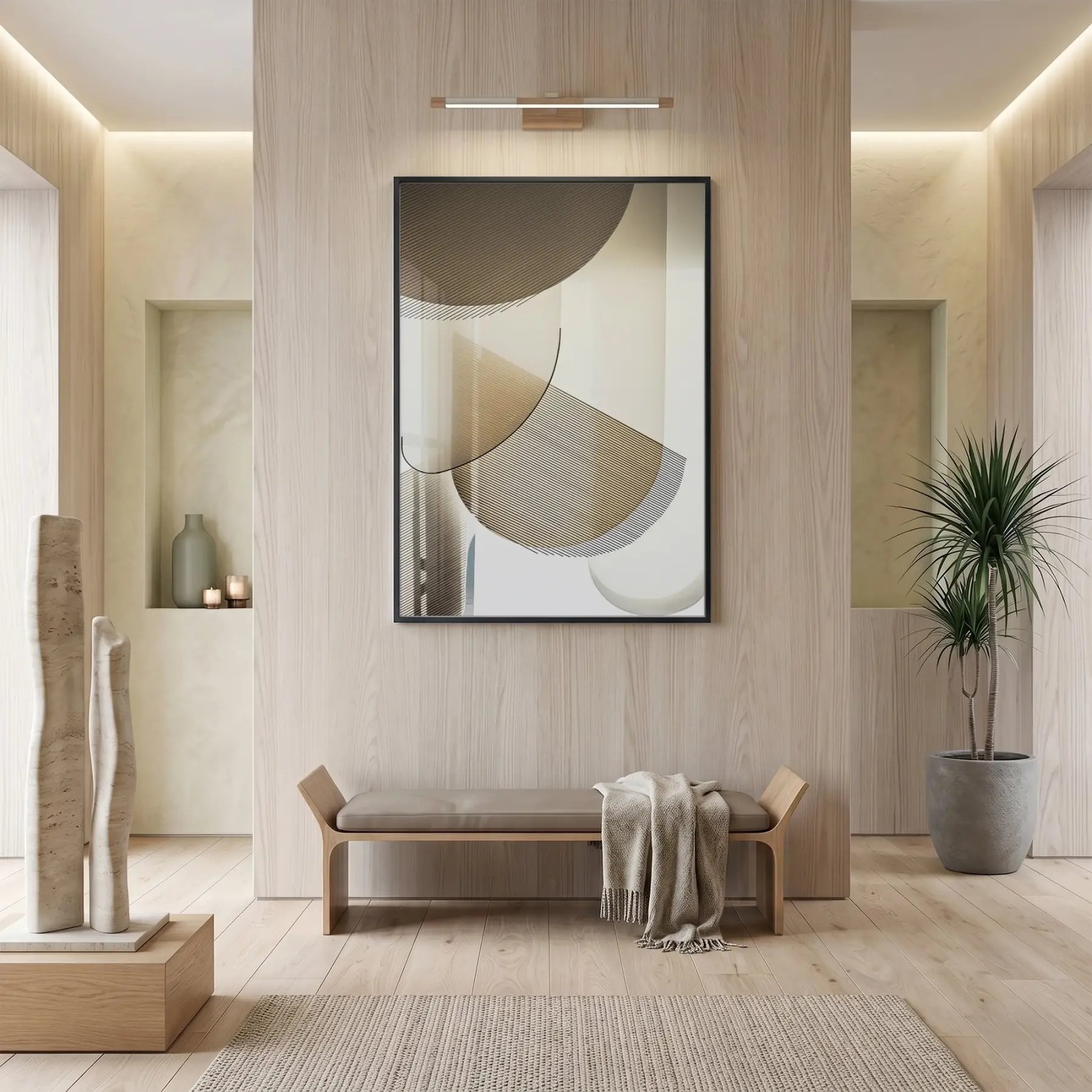 Geometrik Soyut Sıcak Bej Tonları Tekli Siyah Metal Çerçeveli Cam Tablo Salon Oturma