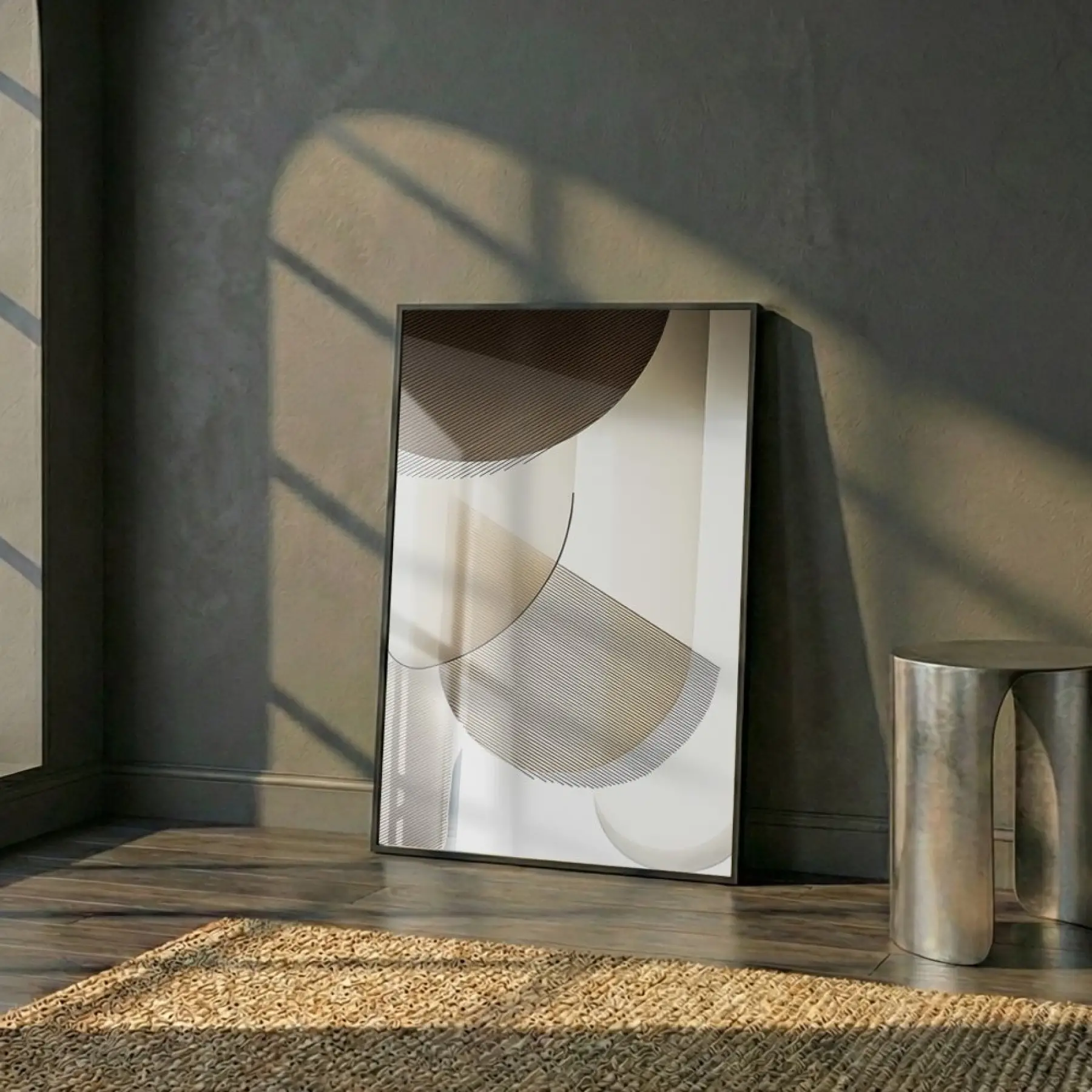 Geometrik Soyut Sıcak Bej Tonları Tekli Siyah Metal Çerçeveli Cam Tablo Salon Oturma