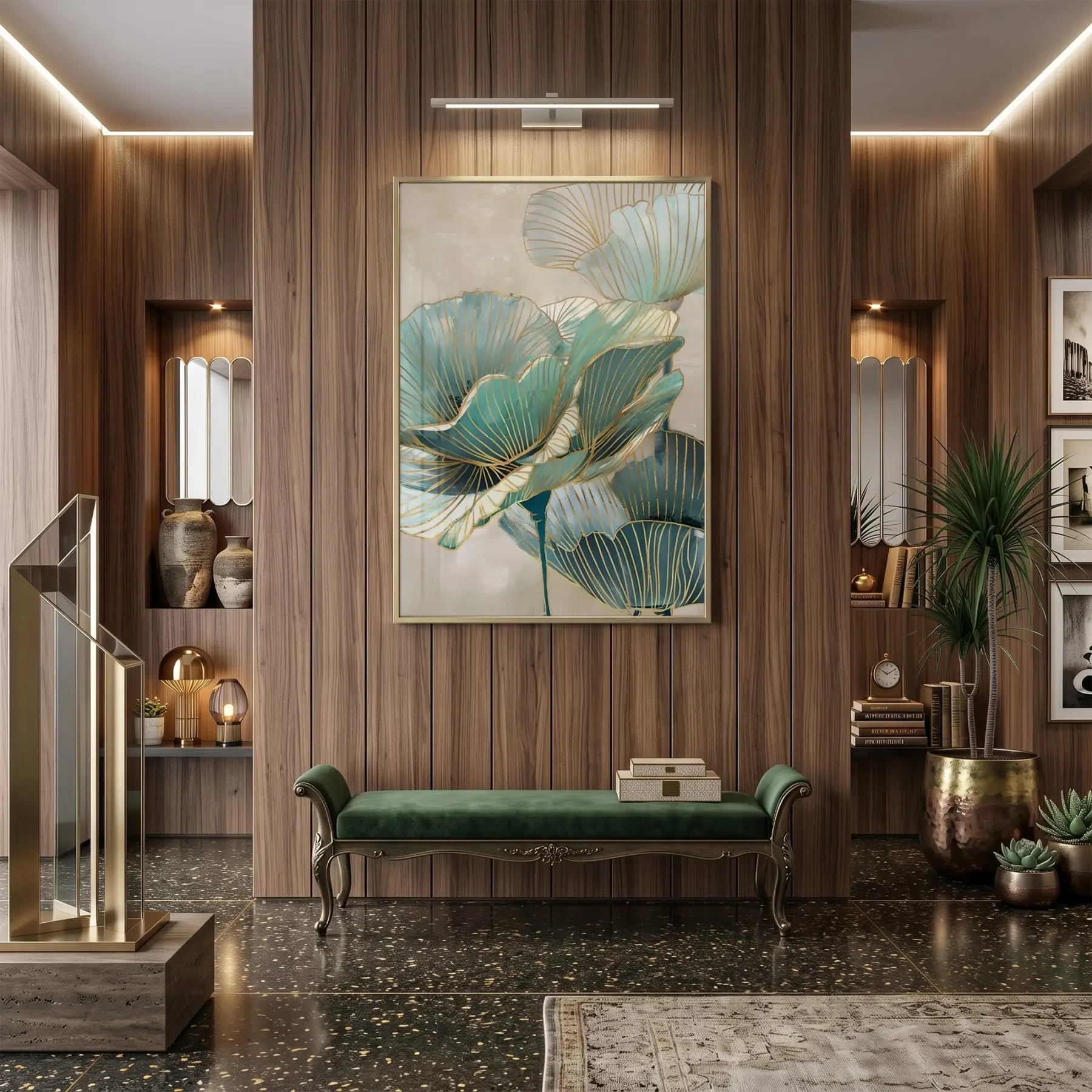 Soyut Çiçek Turkuaz Altın Tonları Tekli Gold Metal Çerçeveli Cam Tablo Salon Oturma