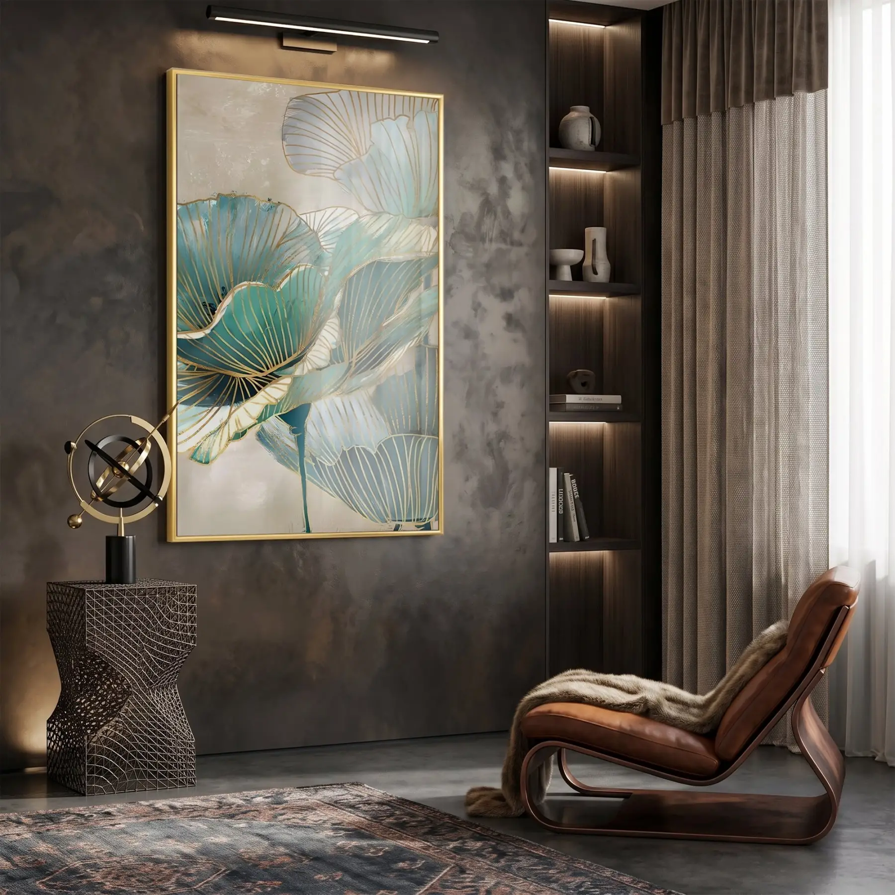 Soyut Çiçek Turkuaz Altın Tonları Tekli Gold Metal Çerçeveli Cam Tablo Salon Oturma