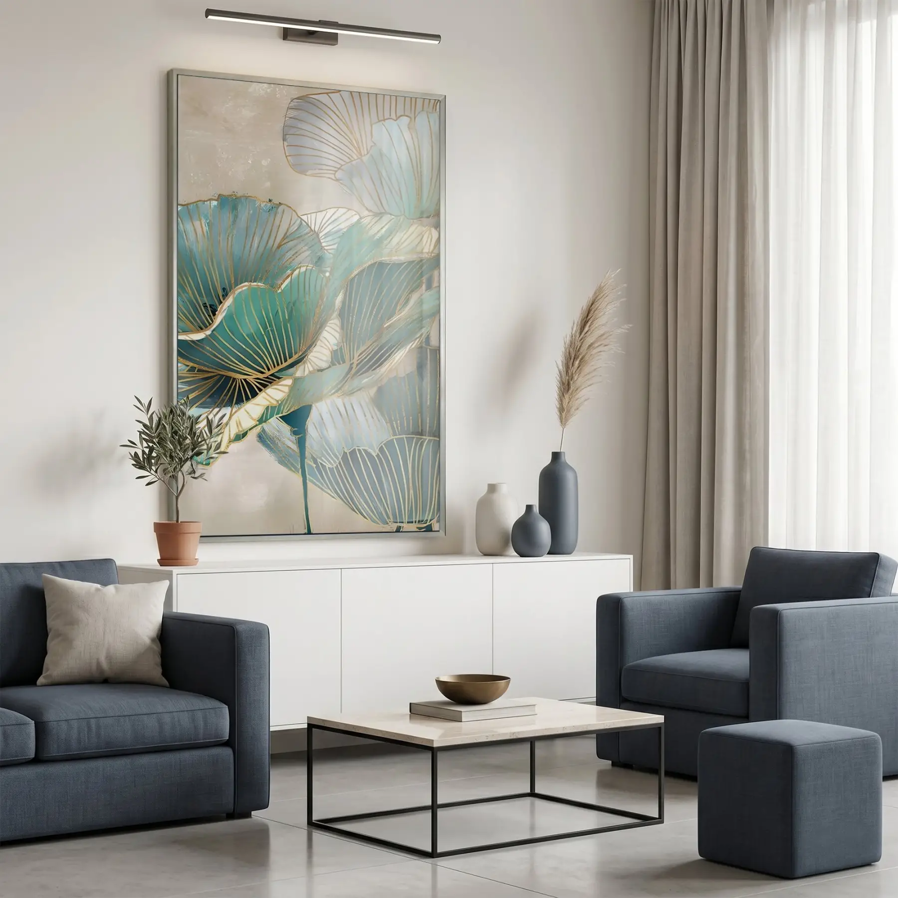 Soyut Çiçek Turkuaz Altın Tonları Tekli Gümüş Metal Çerçeveli Cam Tablo Salon Oturma