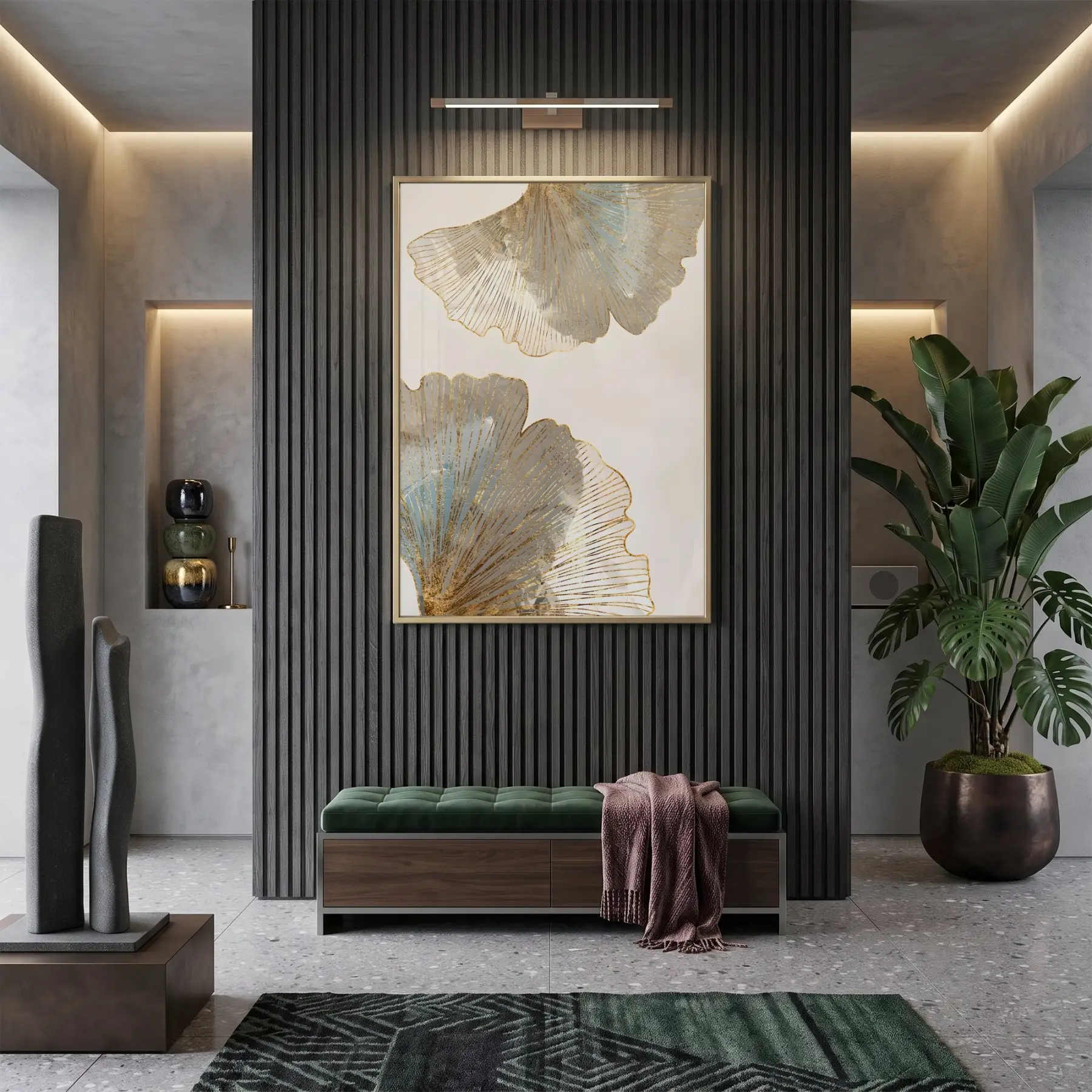 Ginkgo Yaprakları Pudra Mavi Altın Tekli Gold Metal Çerçeveli Cam Tablo Ev Dekorasyonu