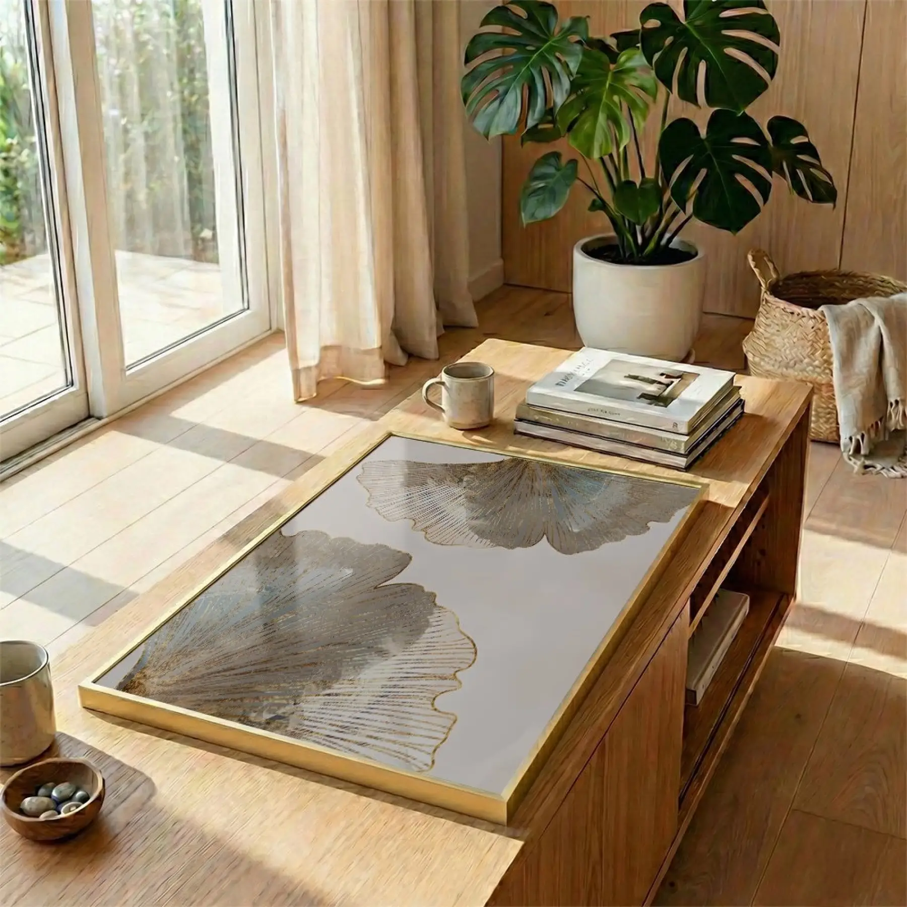 Ginkgo Yaprakları Pudra Mavi Altın Tekli Gold Metal Çerçeveli Cam Tablo Ev Dekorasyonu