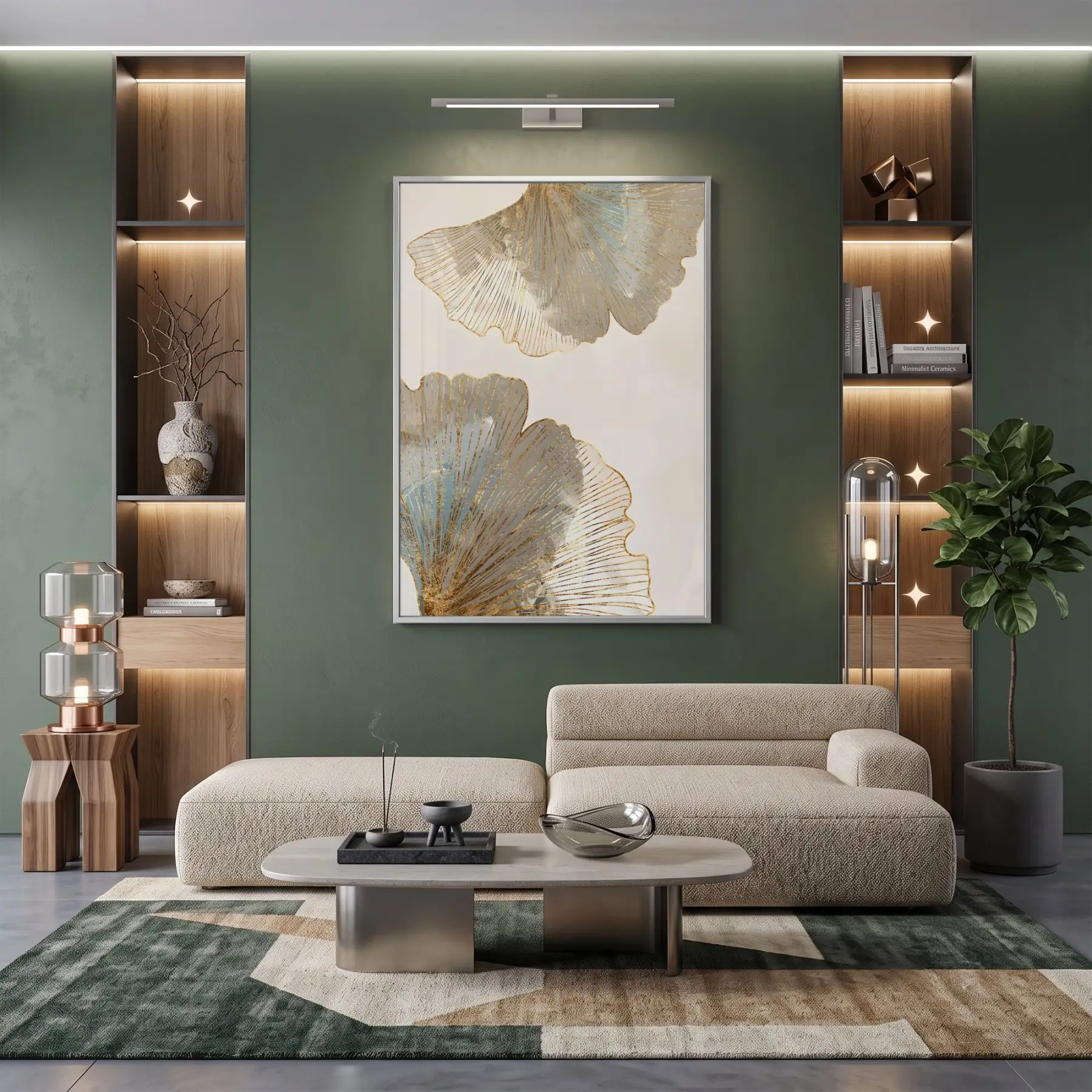Ginkgo Yaprakları Pudra Mavi Altın Tekli Gümüş Metal Çerçeveli Cam Tablo Duvar Salon