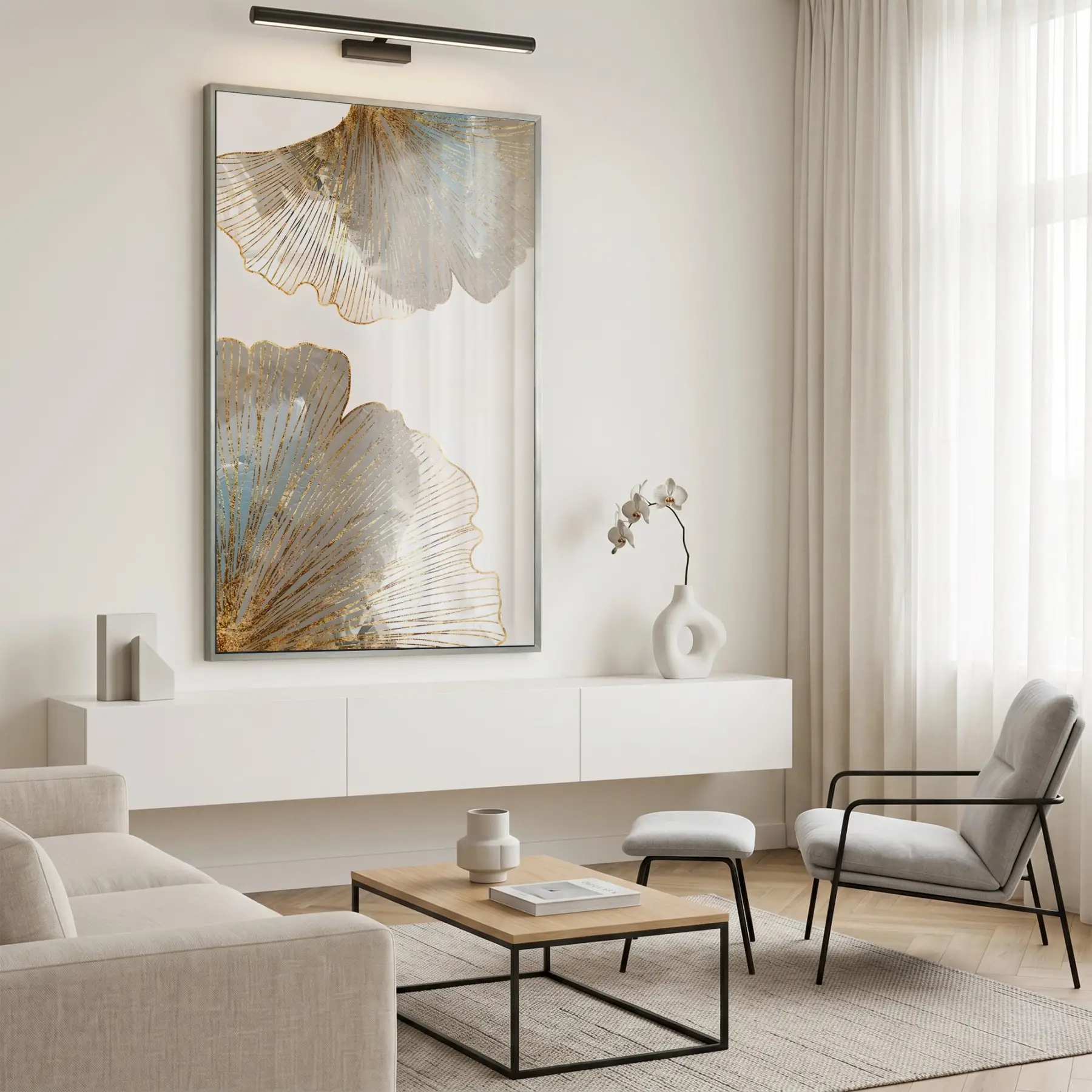 Ginkgo Yaprakları Pudra Mavi Altın Tekli Gümüş Metal Çerçeveli Cam Tablo Duvar Salon