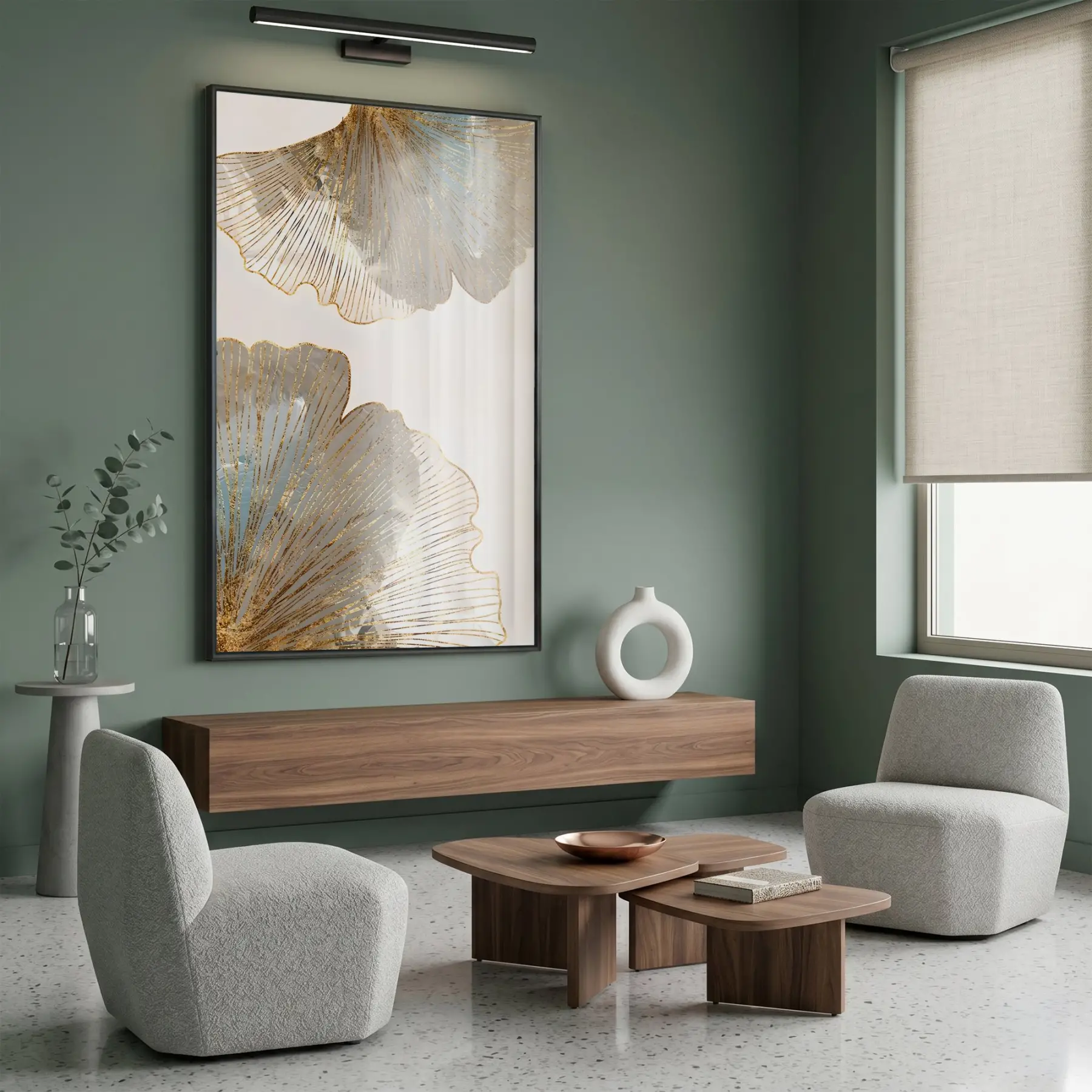 Ginkgo Yaprakları Pudra Mavi Altın Tekli Siyah Metal Çerçeveli Cam Tablo Duvar Salon