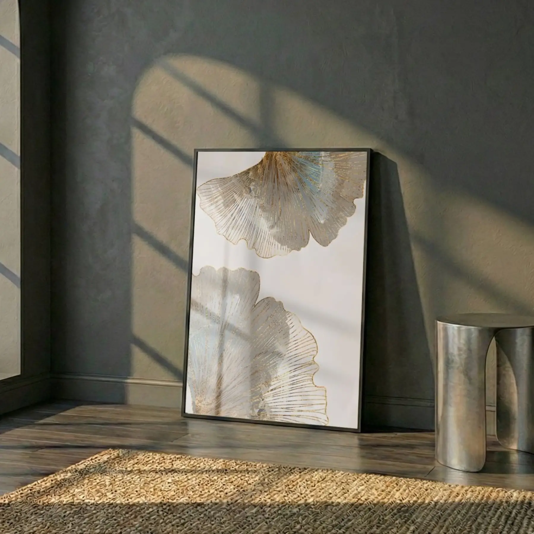 Ginkgo Yaprakları Pudra Mavi Altın Tekli Siyah Metal Çerçeveli Cam Tablo Duvar Salon