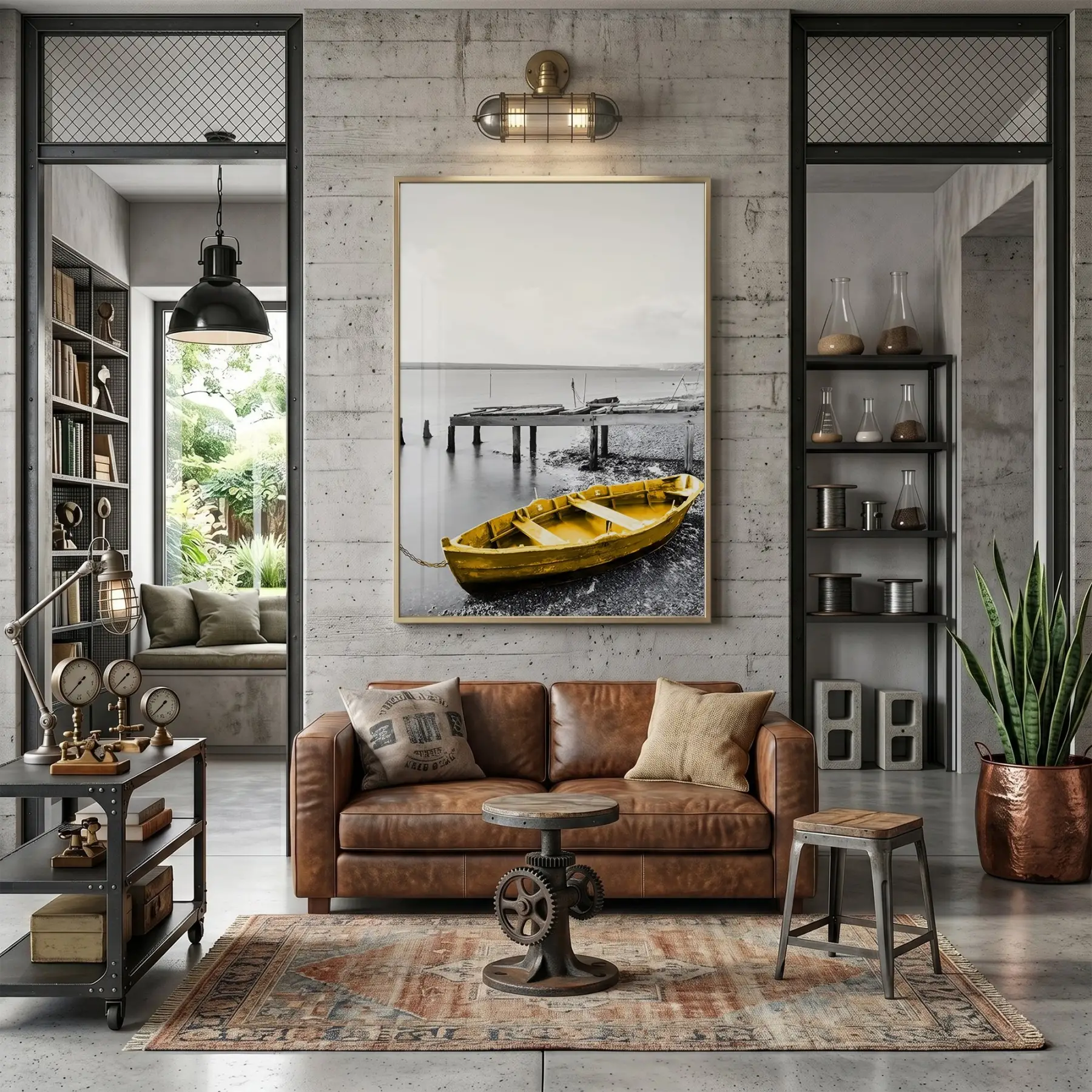 Sandal Kıyı Gri Sarı Kontrast Tekli Gold Metal Çerçeveli Cam Tablo Duvar Salon