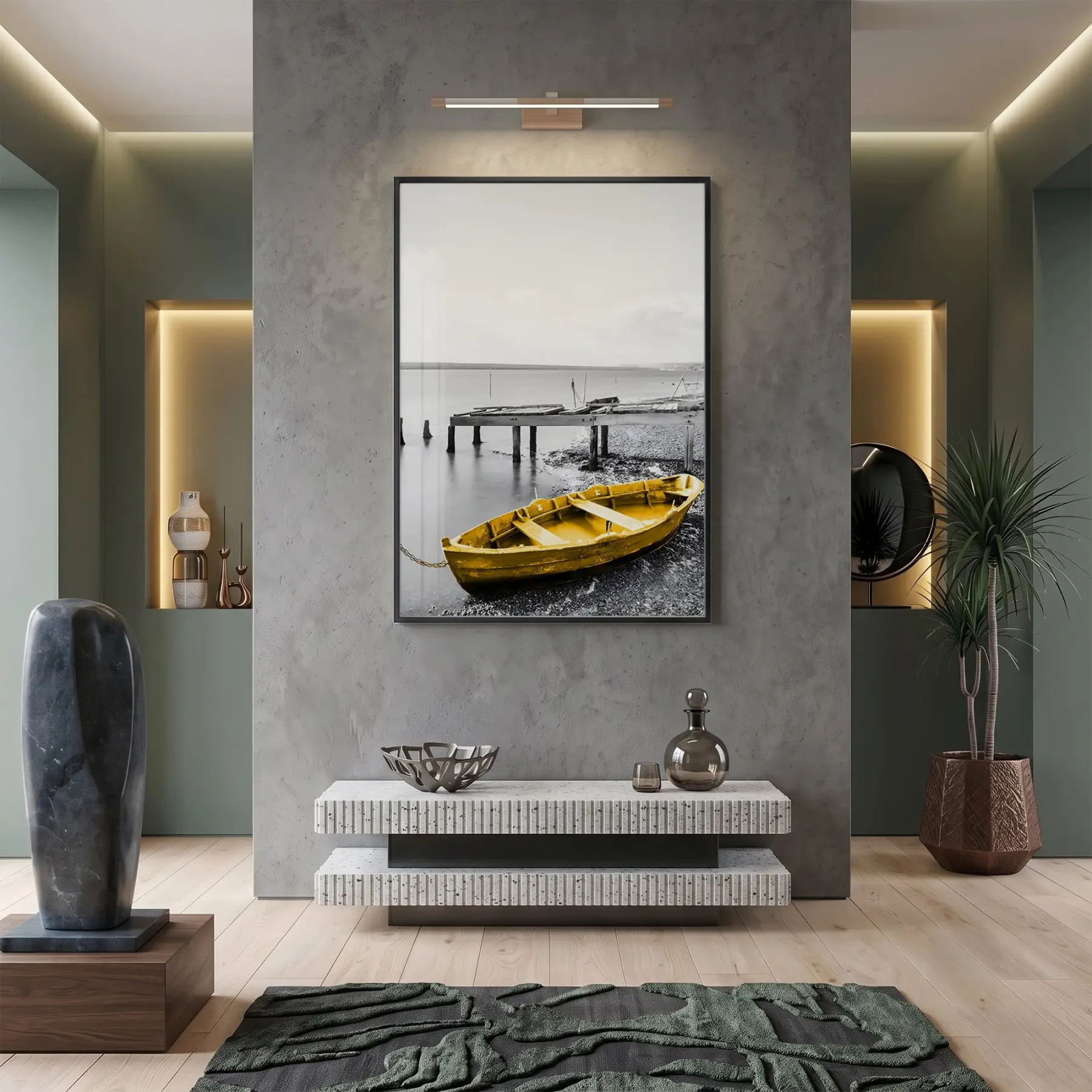 Sandal Kıyı Gri Sarı Kontrast Tekli Siyah Metal Çerçeveli Cam Tablo Salon Oturma