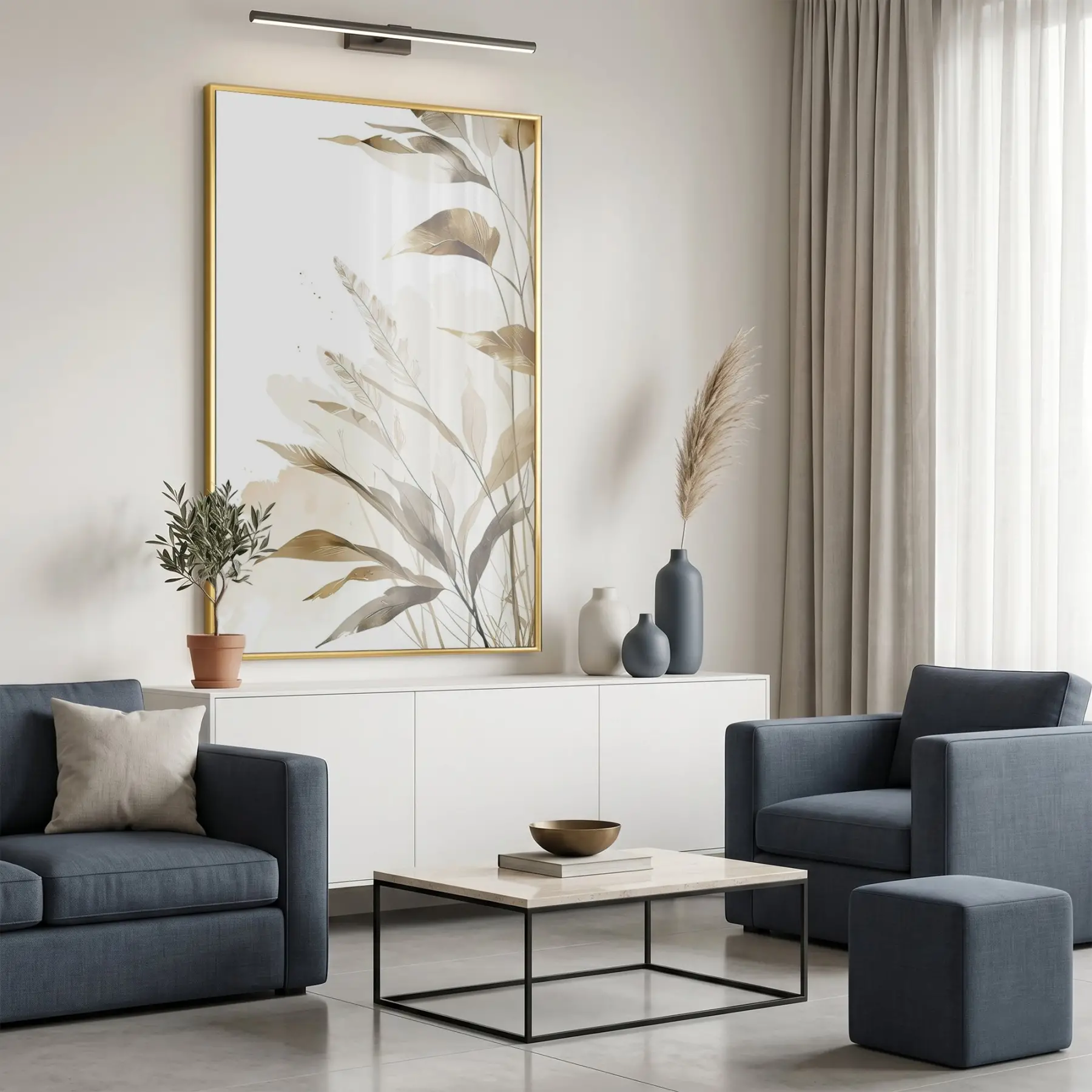 Bitkisel Motif Sıcak Bej Tonlar Tekli Gold Metal Çerçeveli Cam Tablo Ev Dekorasyonu