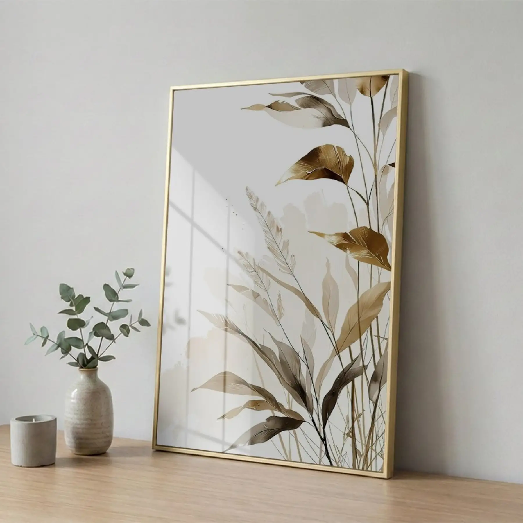 Bitkisel Motif Sıcak Bej Tonlar Tekli Gold Metal Çerçeveli Cam Tablo Ev Dekorasyonu