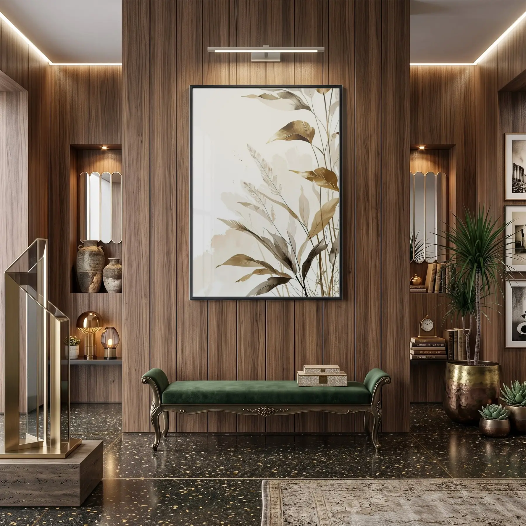 Bitkisel Motif Sıcak Bej Tonlar Tekli Siyah Metal Çerçeveli Cam Tablo Salon Oturma