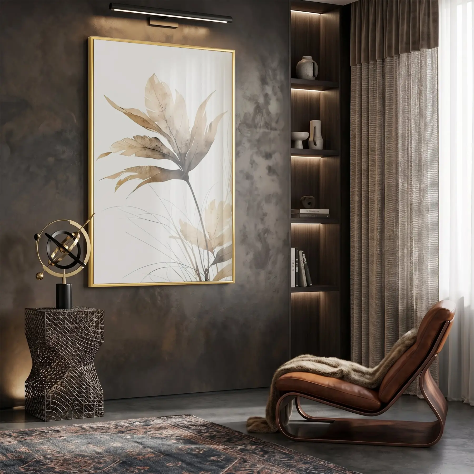 Yaprak Desen Sıcak Bej Tonları Tekli Gold Metal Çerçeveli Cam Tablo Ev Dekorasyonu