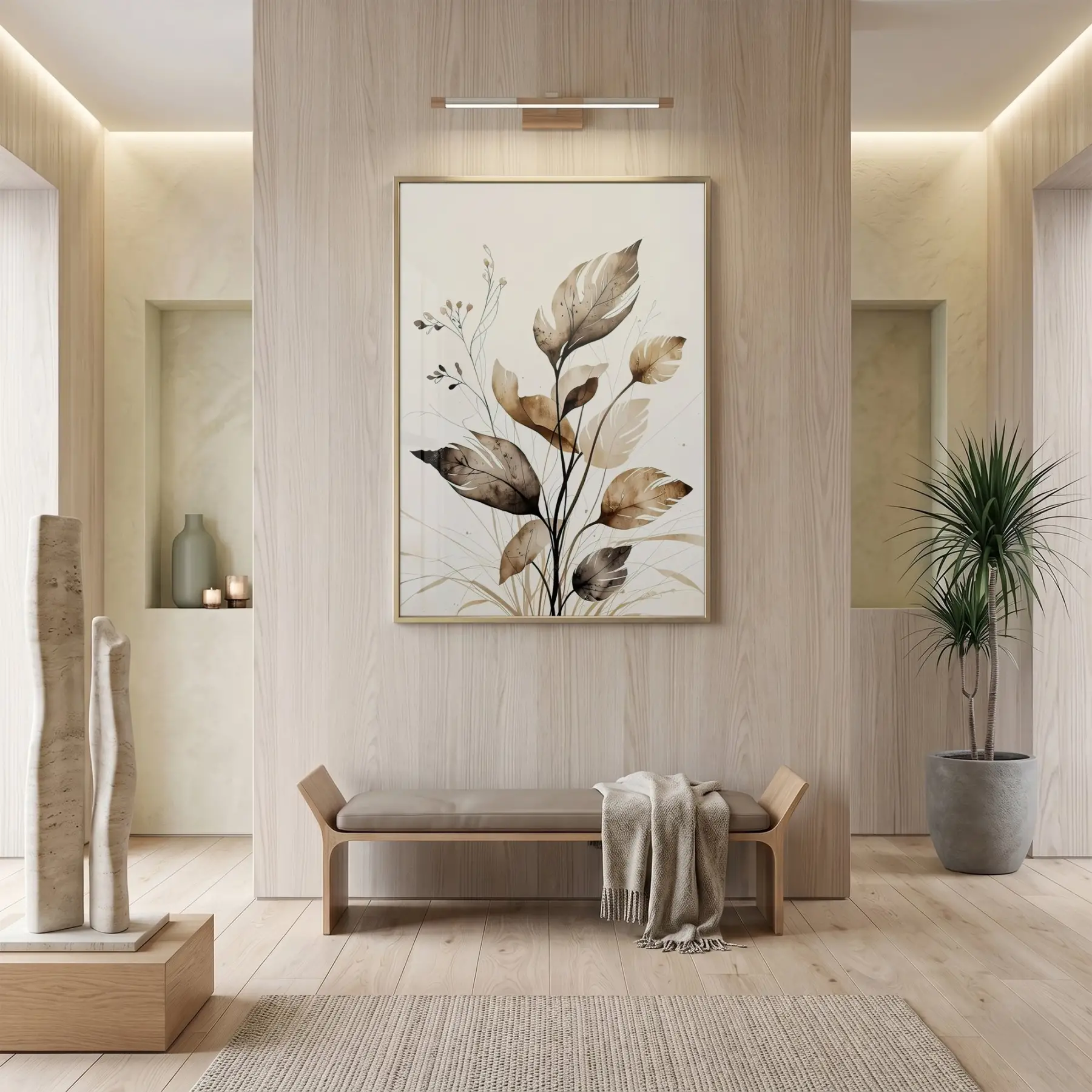 Doğal Yapraklar Toprak Tonları Tekli Gold Metal Çerçeveli Cam Tablo Poster Dekoratif Obje