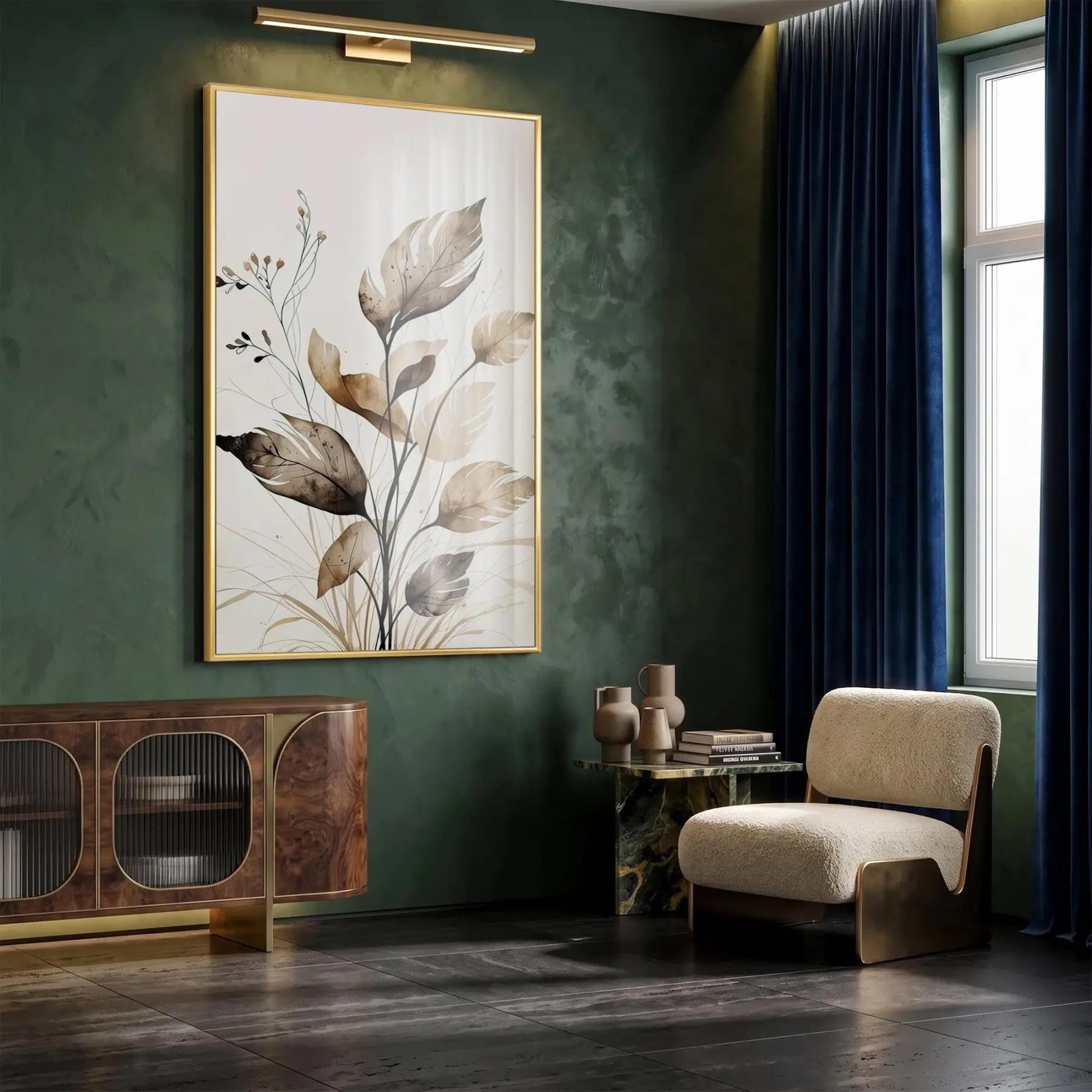 Doğal Yapraklar Toprak Tonları Tekli Gold Metal Çerçeveli Cam Tablo Poster Dekoratif Obje