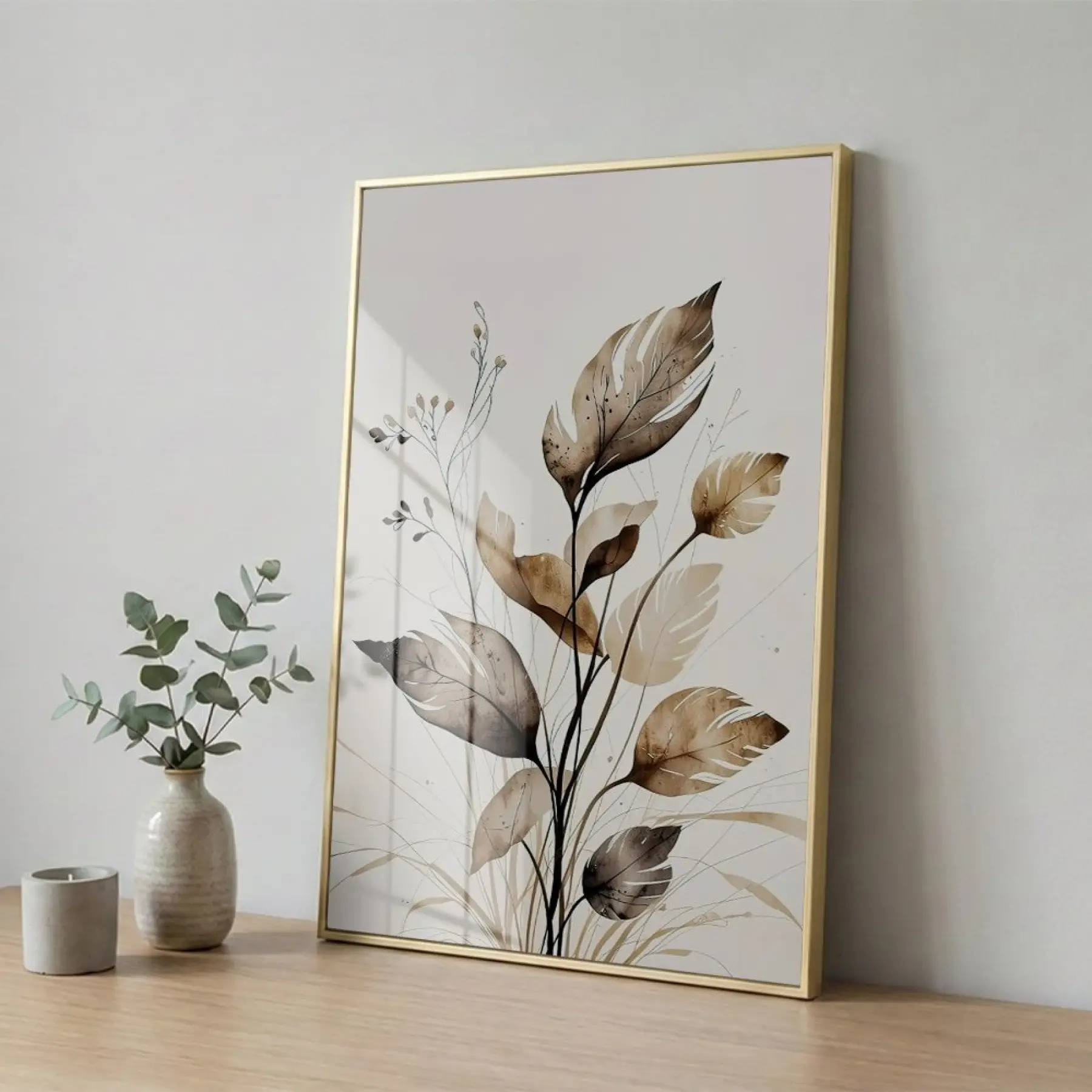 Doğal Yapraklar Toprak Tonları Tekli Gold Metal Çerçeveli Cam Tablo Poster Dekoratif Obje