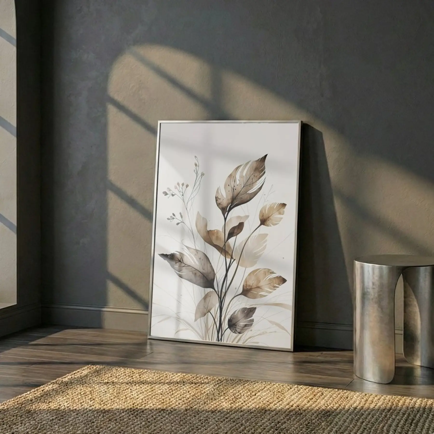 Doğal Yapraklar Toprak Tonları Tekli Gümüş Metal Çerçeveli Cam Tablo Duvar Salon Aksesuarları