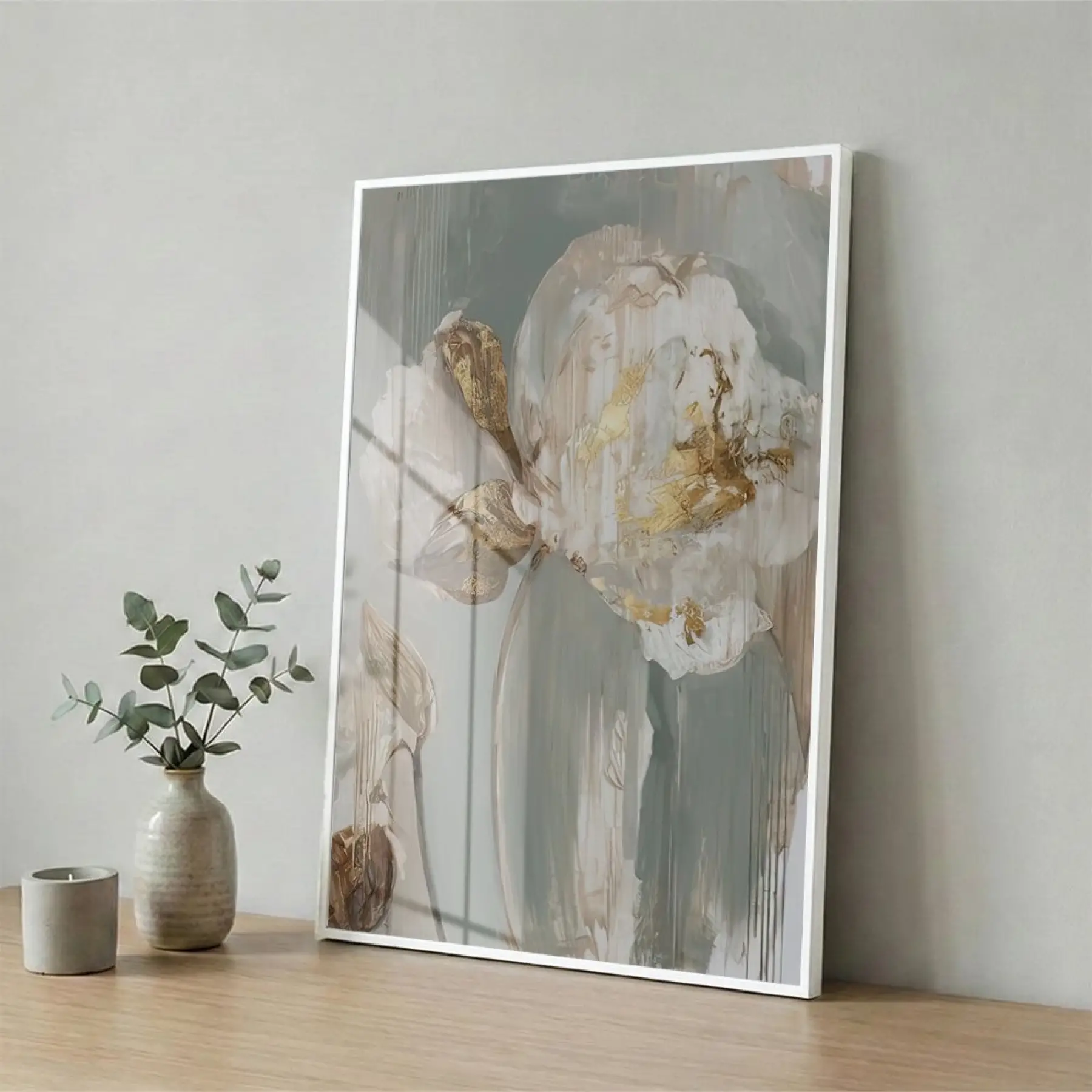 Soyut Çiçek Pastel Yeşil Bej Tekli Beyaz Metal Çerçeveli Cam Tablo Poster Dekoratif