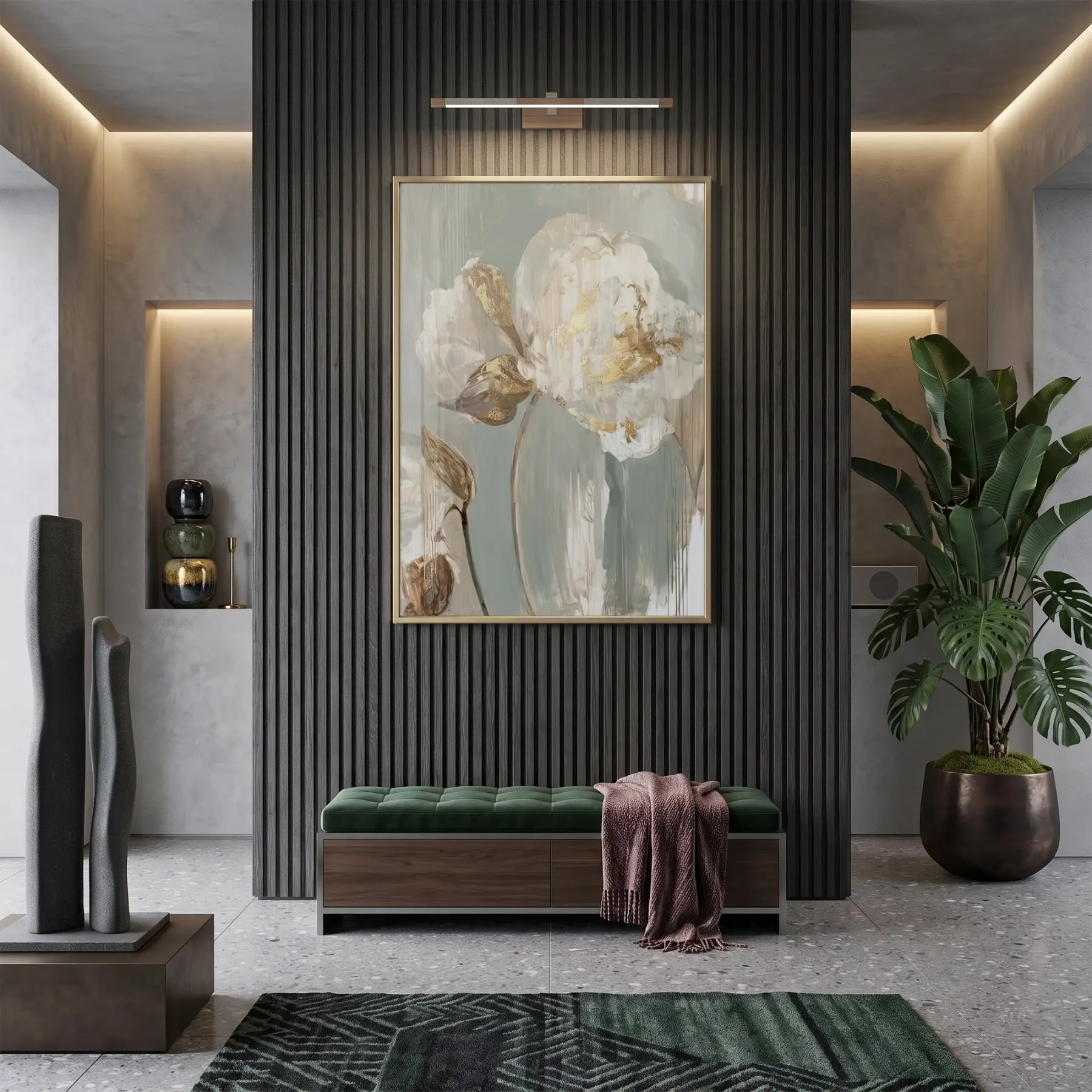 Soyut Çiçek Pastel Yeşil Bej Tekli Gold Metal Çerçeveli Cam Tablo Poster Dekoratif