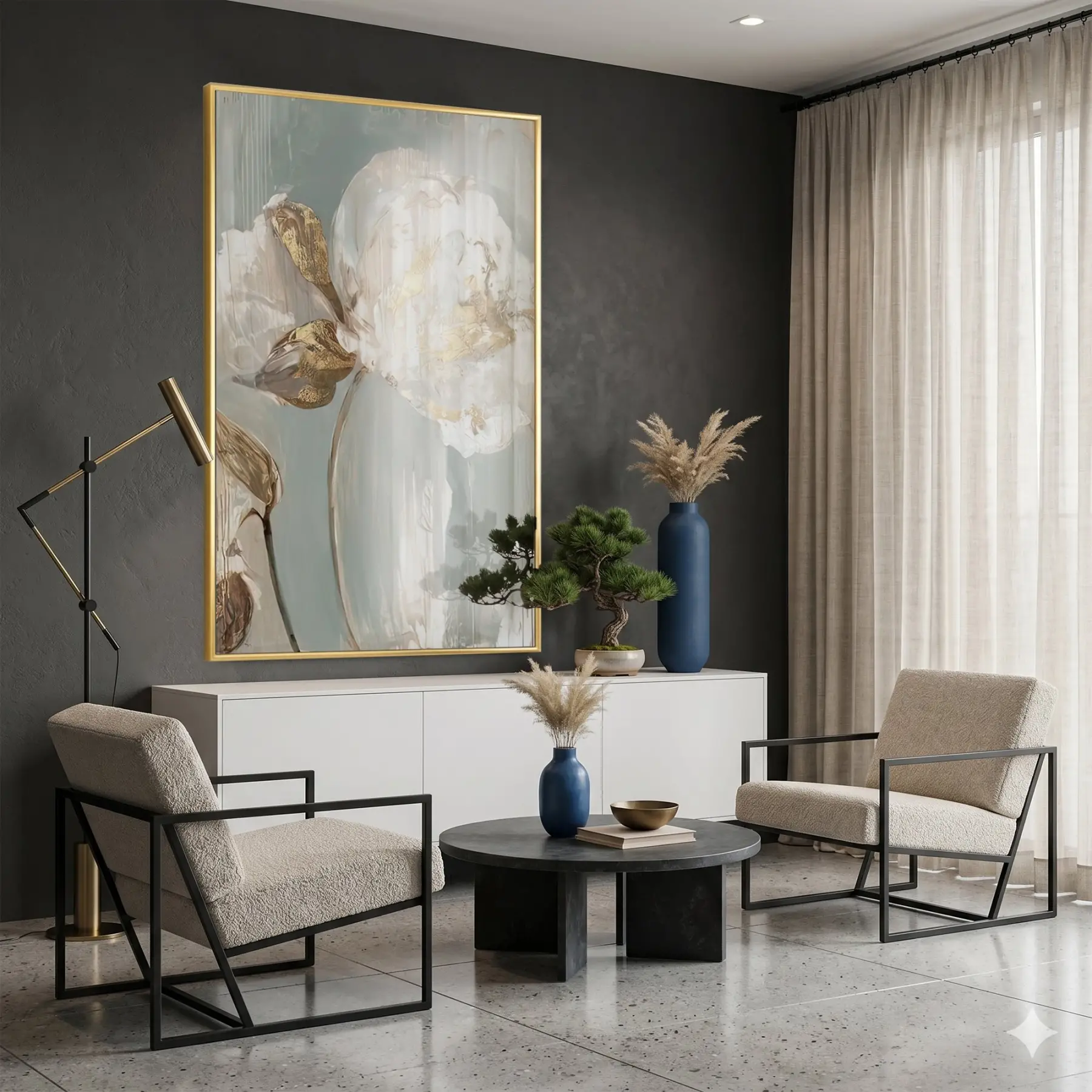 Soyut Çiçek Pastel Yeşil Bej Tekli Gold Metal Çerçeveli Cam Tablo Poster Dekoratif