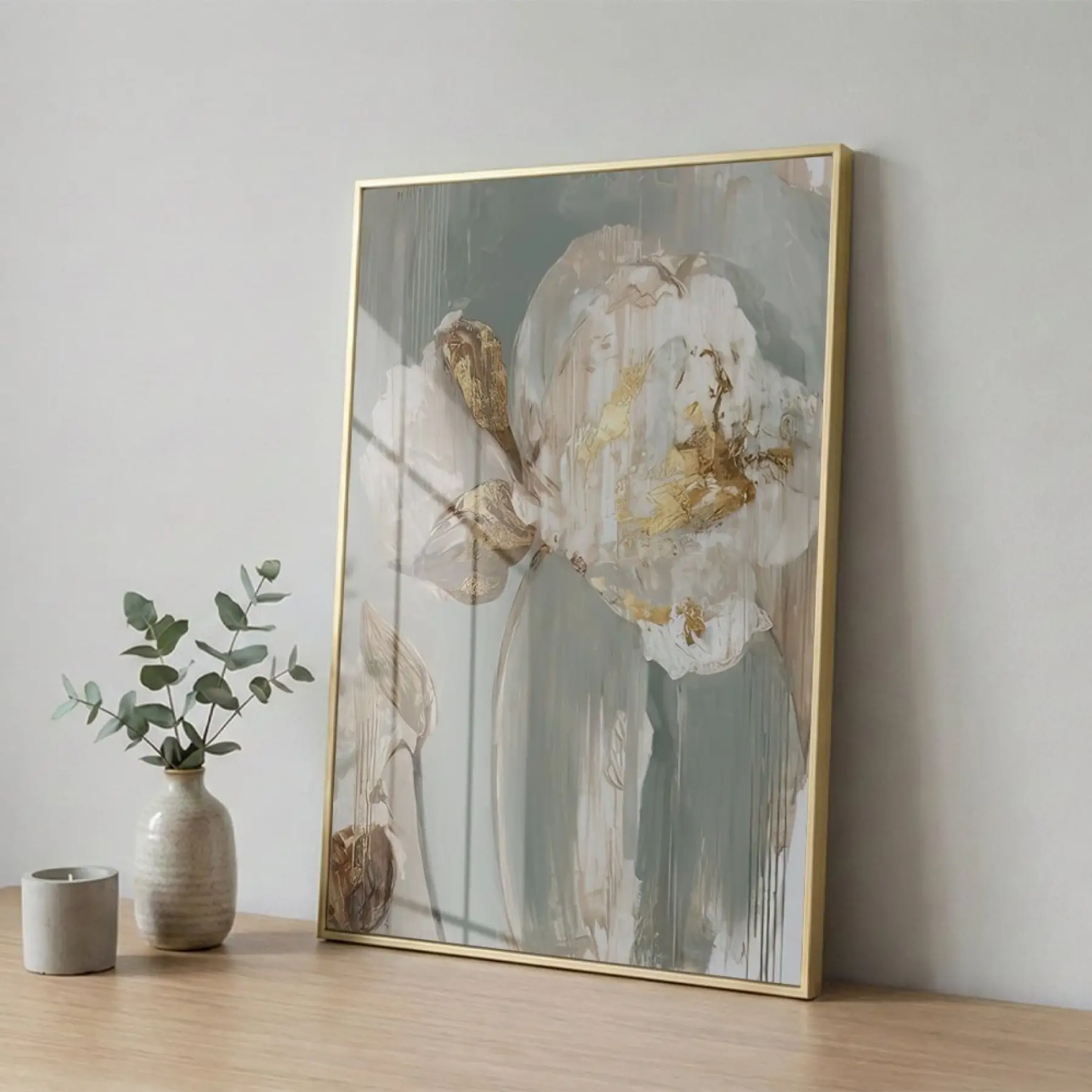 Soyut Çiçek Pastel Yeşil Bej Tekli Gold Metal Çerçeveli Cam Tablo Poster Dekoratif