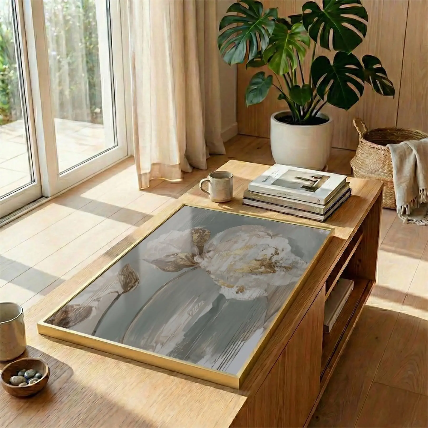 Soyut Çiçek Pastel Yeşil Bej Tekli Gold Metal Çerçeveli Cam Tablo Poster Dekoratif