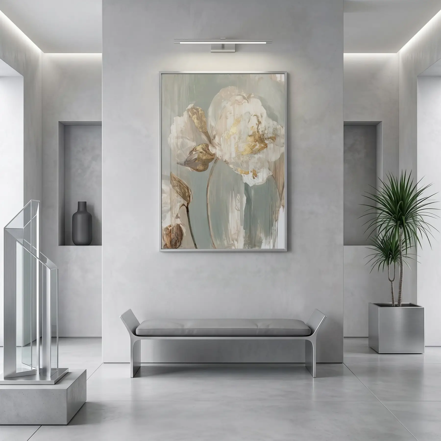 Soyut Çiçek Pastel Yeşil Bej Tekli Gümüş Metal Çerçeveli Cam Tablo Poster Dekoratif
