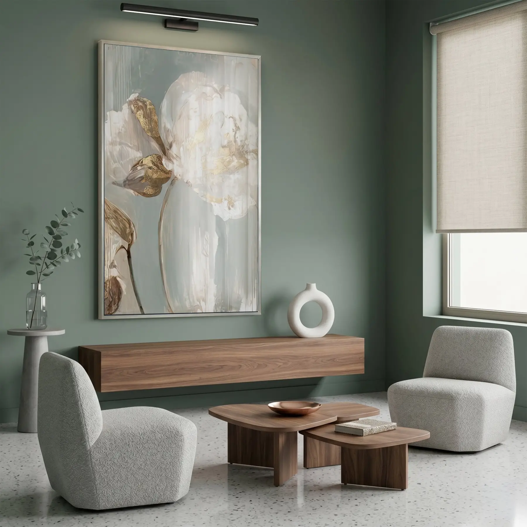 Soyut Çiçek Pastel Yeşil Bej Tekli Gümüş Metal Çerçeveli Cam Tablo Poster Dekoratif