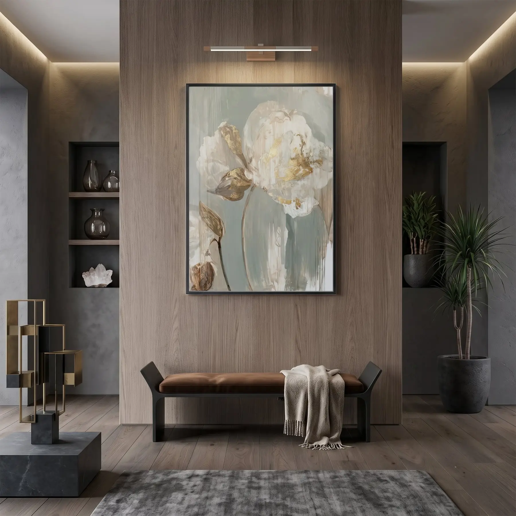 Soyut Çiçek Pastel Yeşil Bej Tekli Siyah Metal Çerçeveli Cam Tablo Duvar Salon