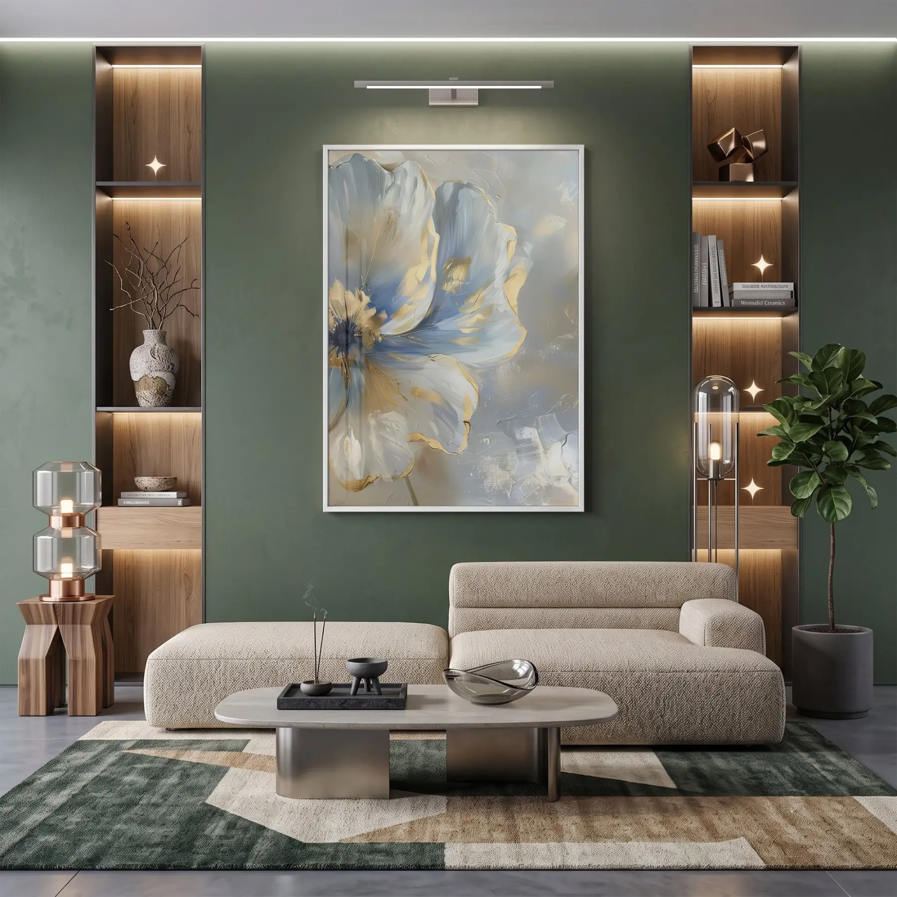 Soyut Çiçek Pastel Mavi Tonları Tekli Beyaz Metal Çerçeveli Cam Tablo Salon Oturma
