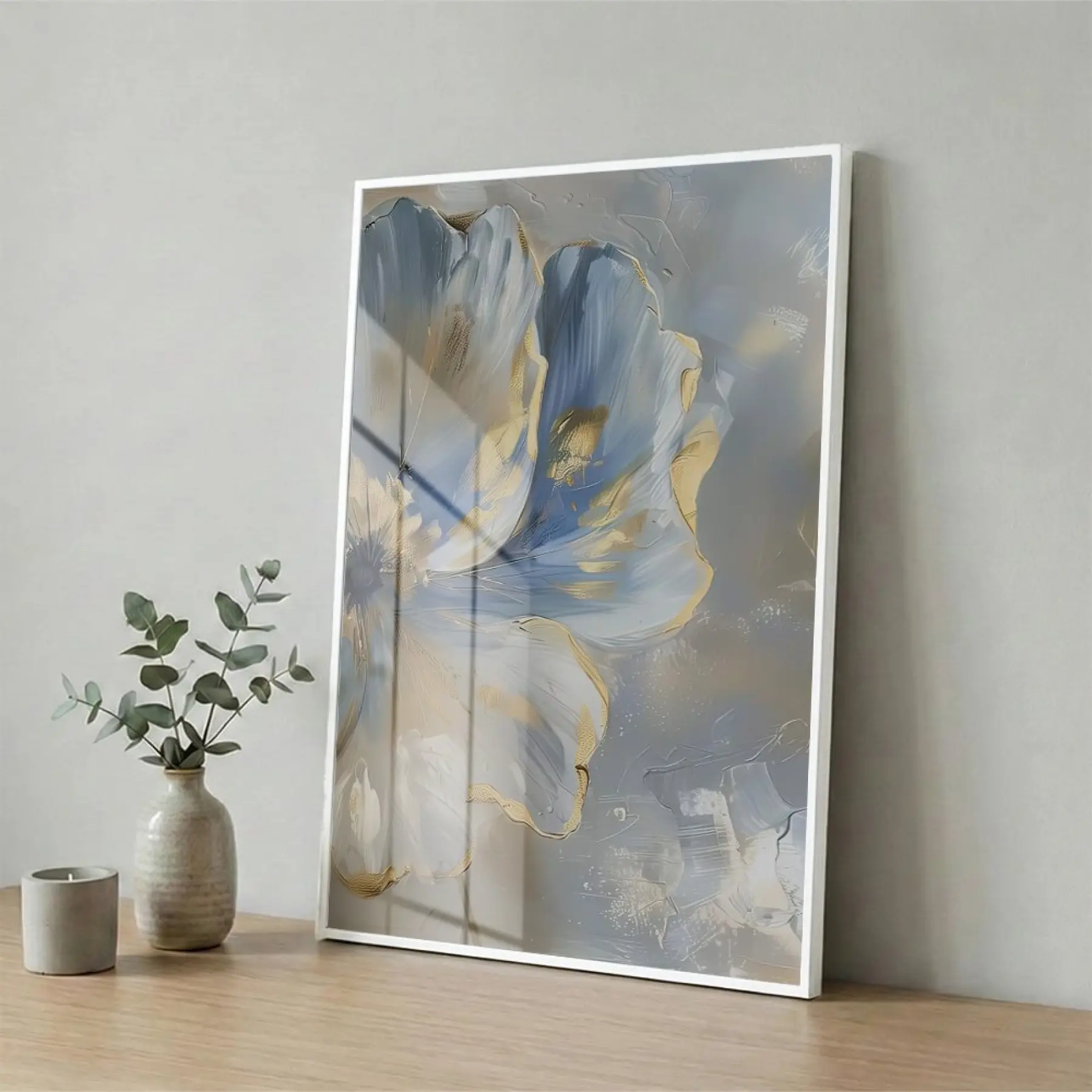 Soyut Çiçek Pastel Mavi Tonları Tekli Beyaz Metal Çerçeveli Cam Tablo Salon Oturma
