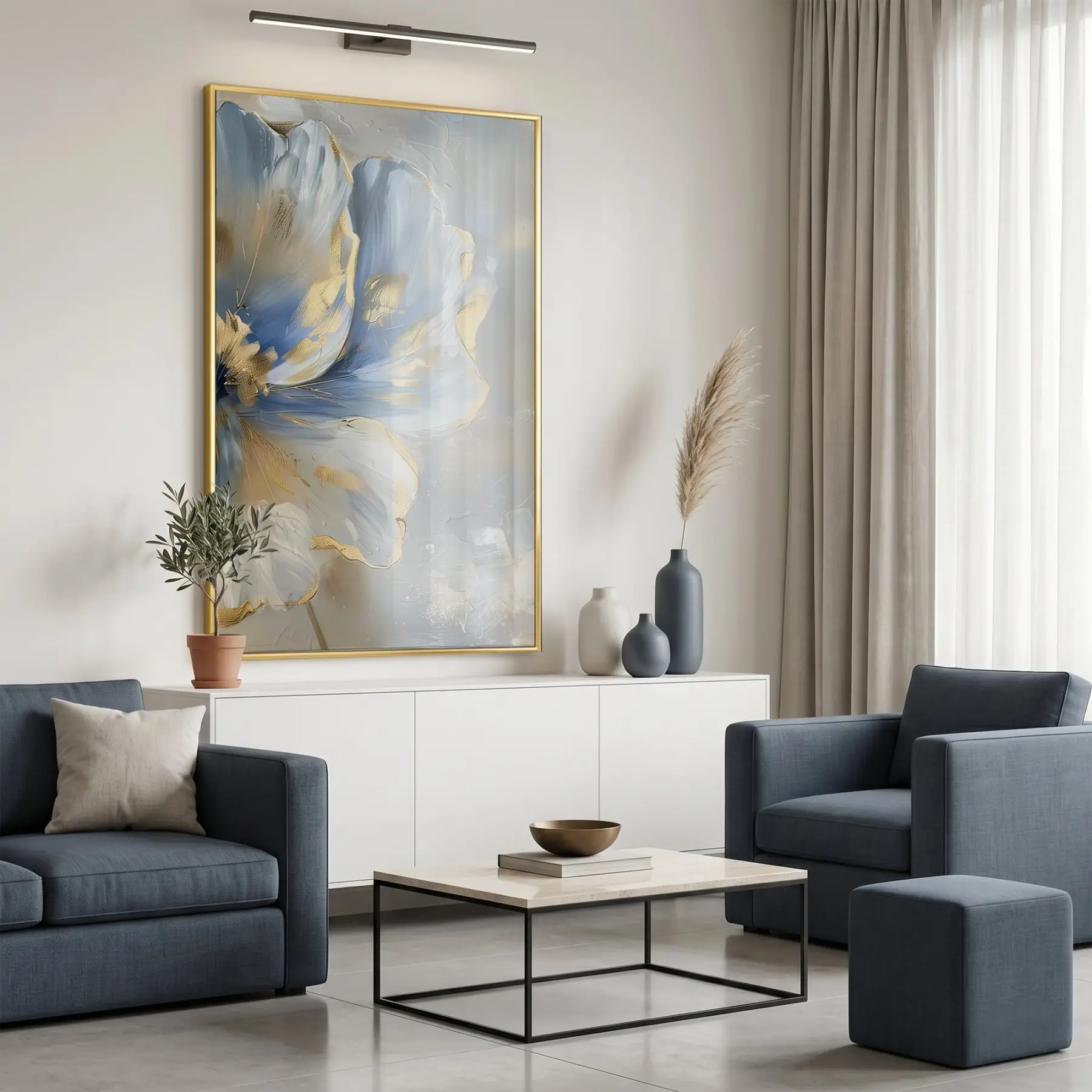 Soyut Çiçek Pastel Mavi Tonları Tekli Gold Metal Çerçeveli Cam Tablo Poster Dekoratif