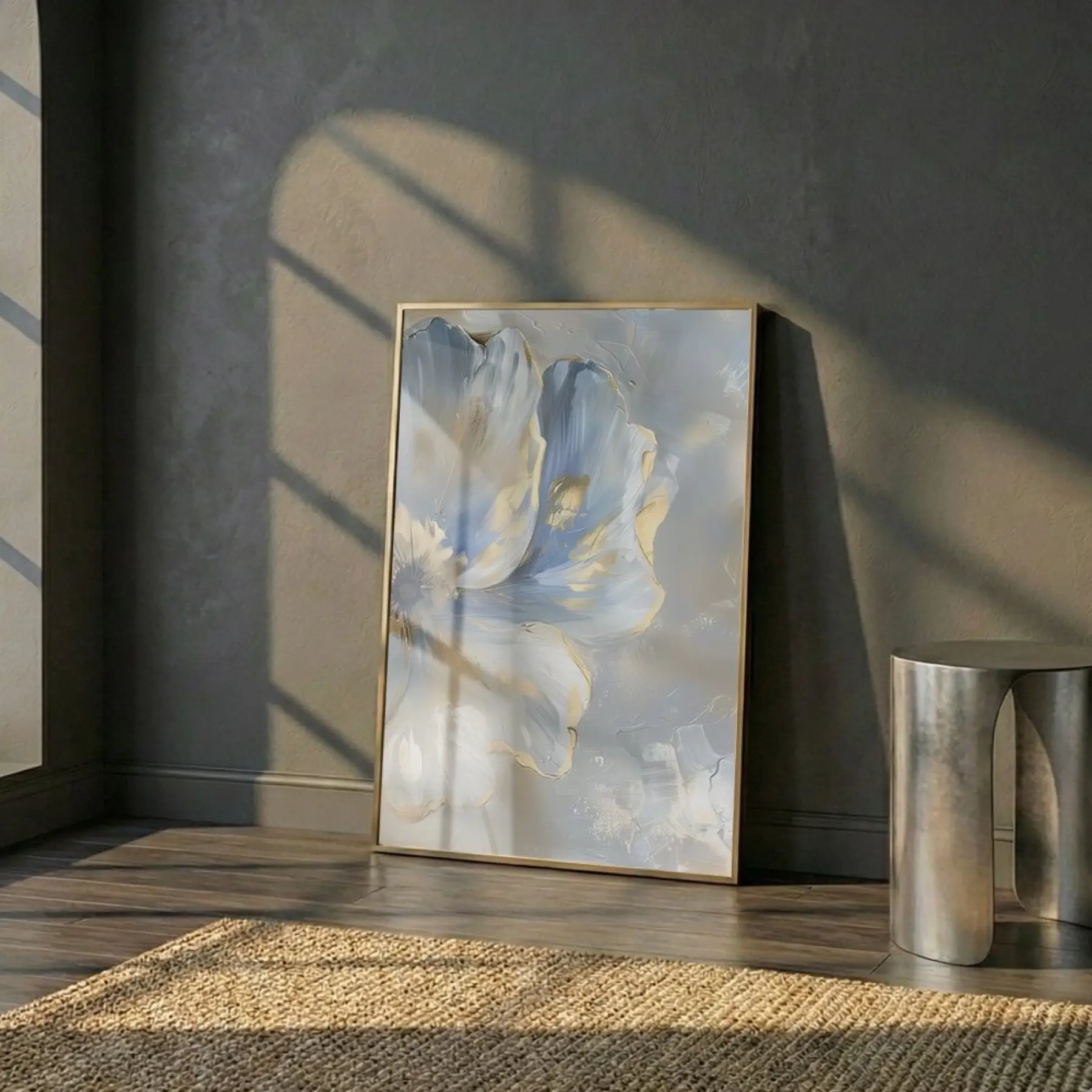 Soyut Çiçek Pastel Mavi Tonları Tekli Gold Metal Çerçeveli Cam Tablo Poster Dekoratif