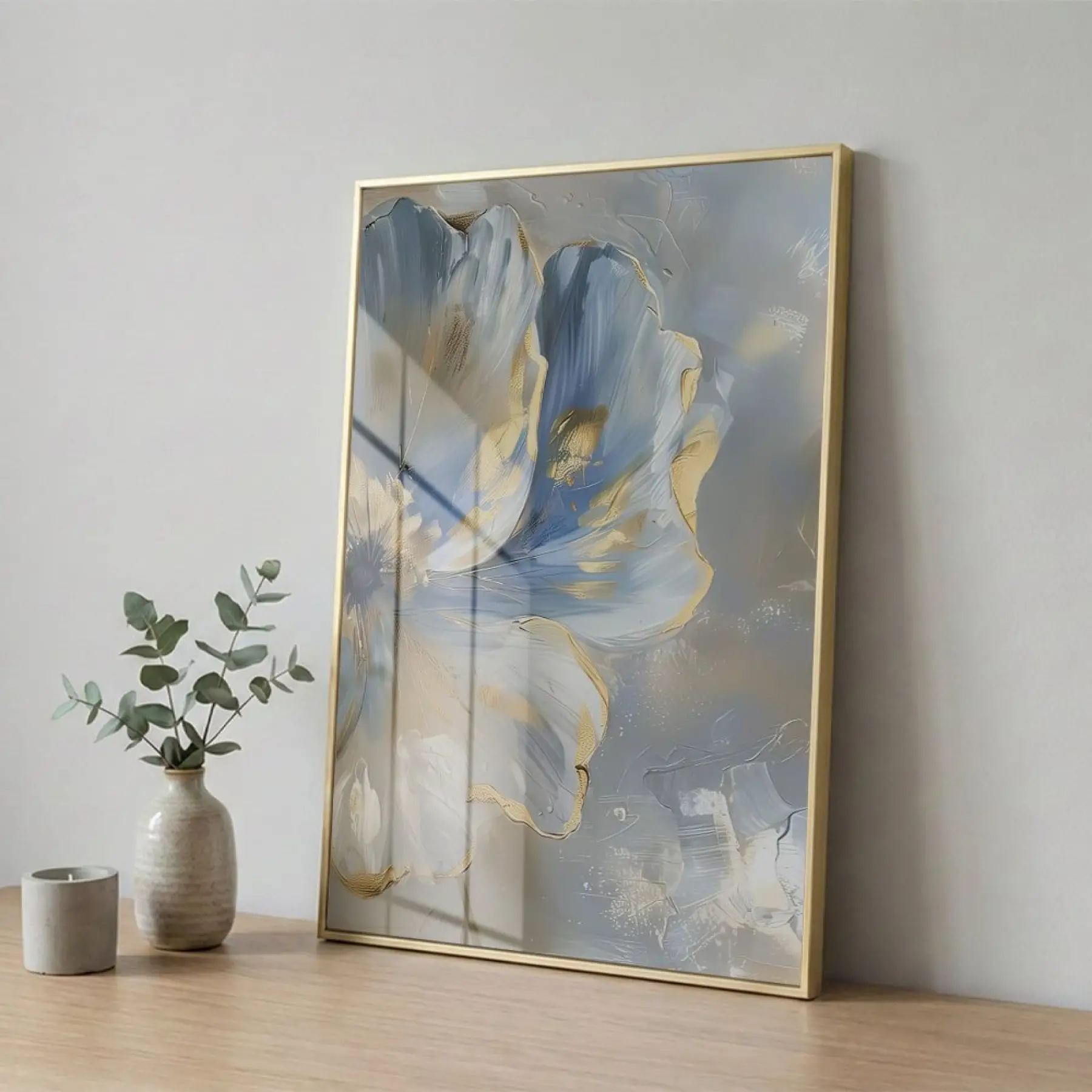 Soyut Çiçek Pastel Mavi Tonları Tekli Gold Metal Çerçeveli Cam Tablo Poster Dekoratif