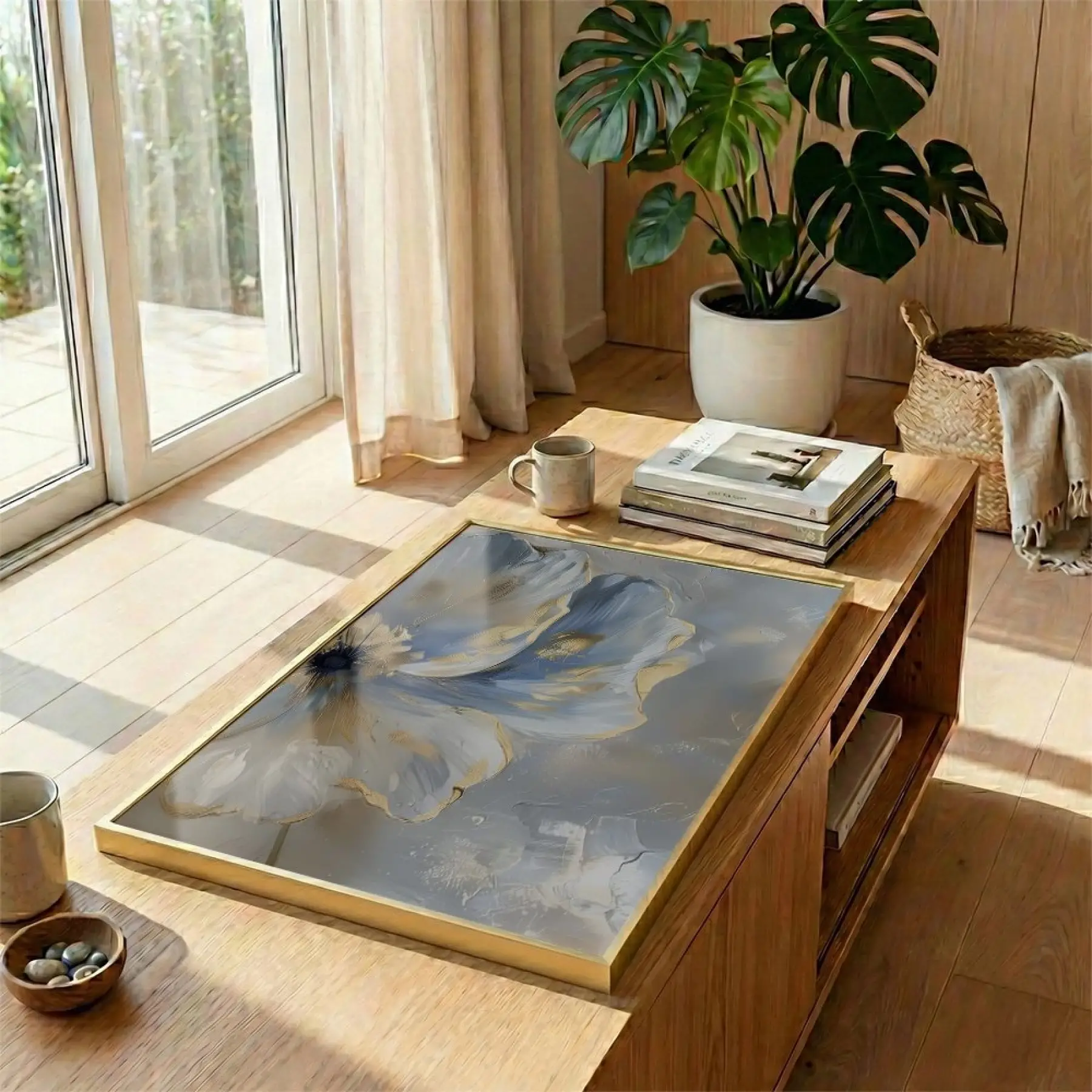 Soyut Çiçek Pastel Mavi Tonları Tekli Gold Metal Çerçeveli Cam Tablo Poster Dekoratif