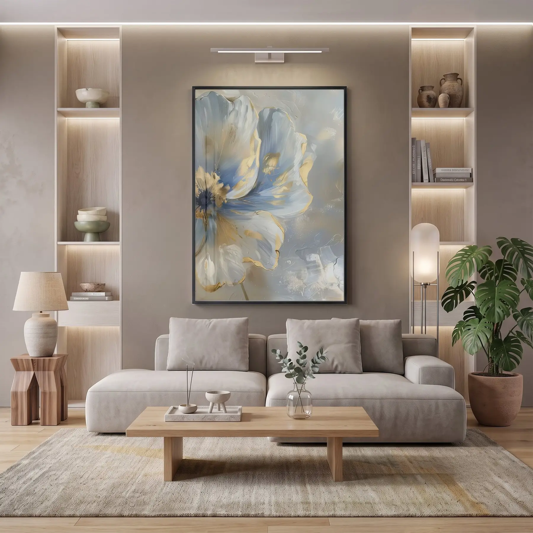 Soyut Çiçek Pastel Mavi Tonları Tekli Siyah Metal Çerçeveli Cam Tablo Poster Dekoratif