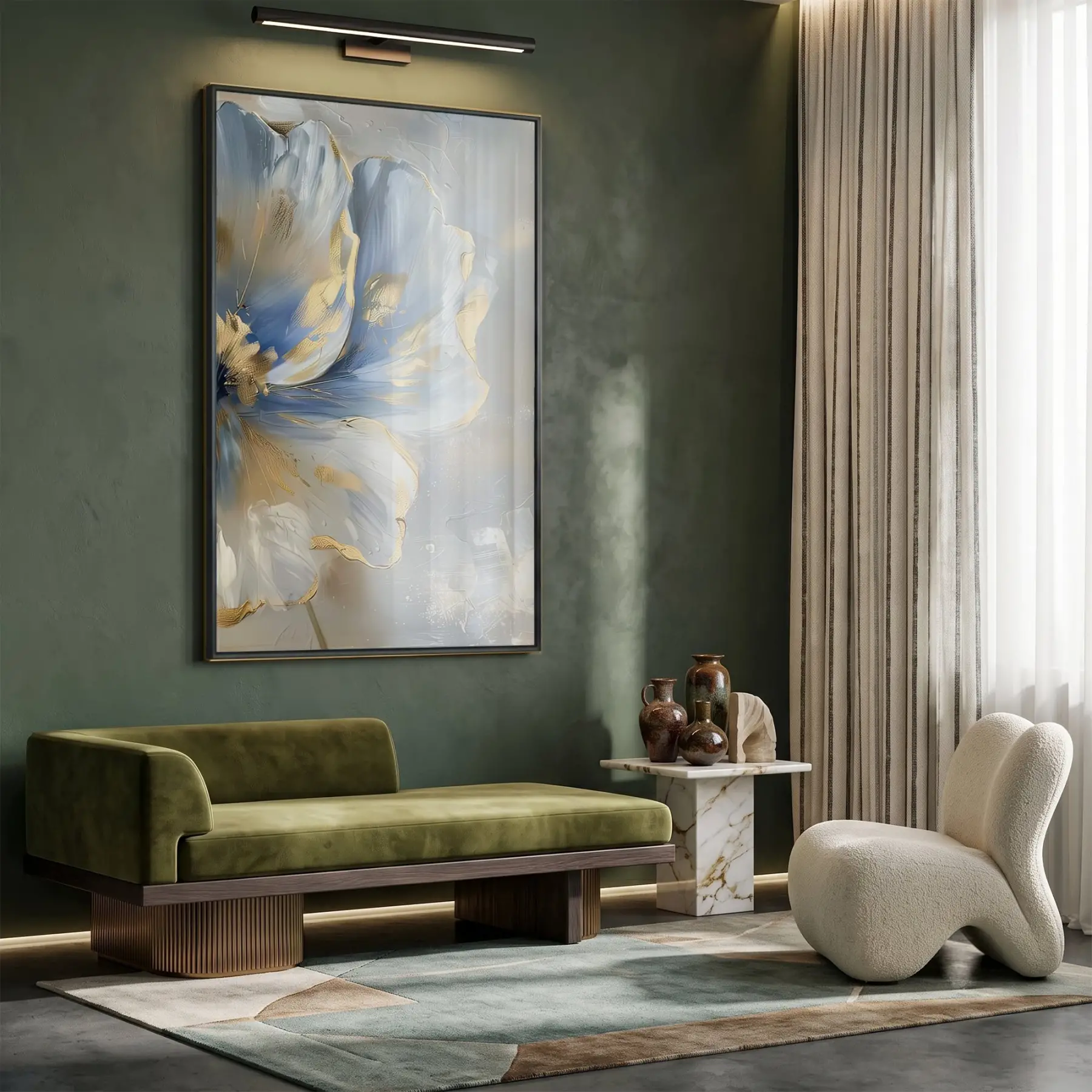 Soyut Çiçek Pastel Mavi Tonları Tekli Siyah Metal Çerçeveli Cam Tablo Poster Dekoratif