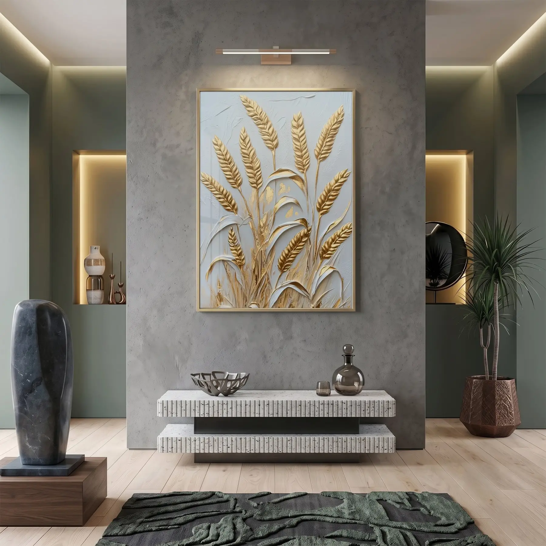 Buğday Başakları Altın Gri Tonları Tekli Gold Metal Çerçeveli Cam Tablo Poster Dekoratif